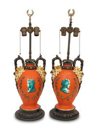 A Pair of French Painted Glass Vases Mounted as Lamps