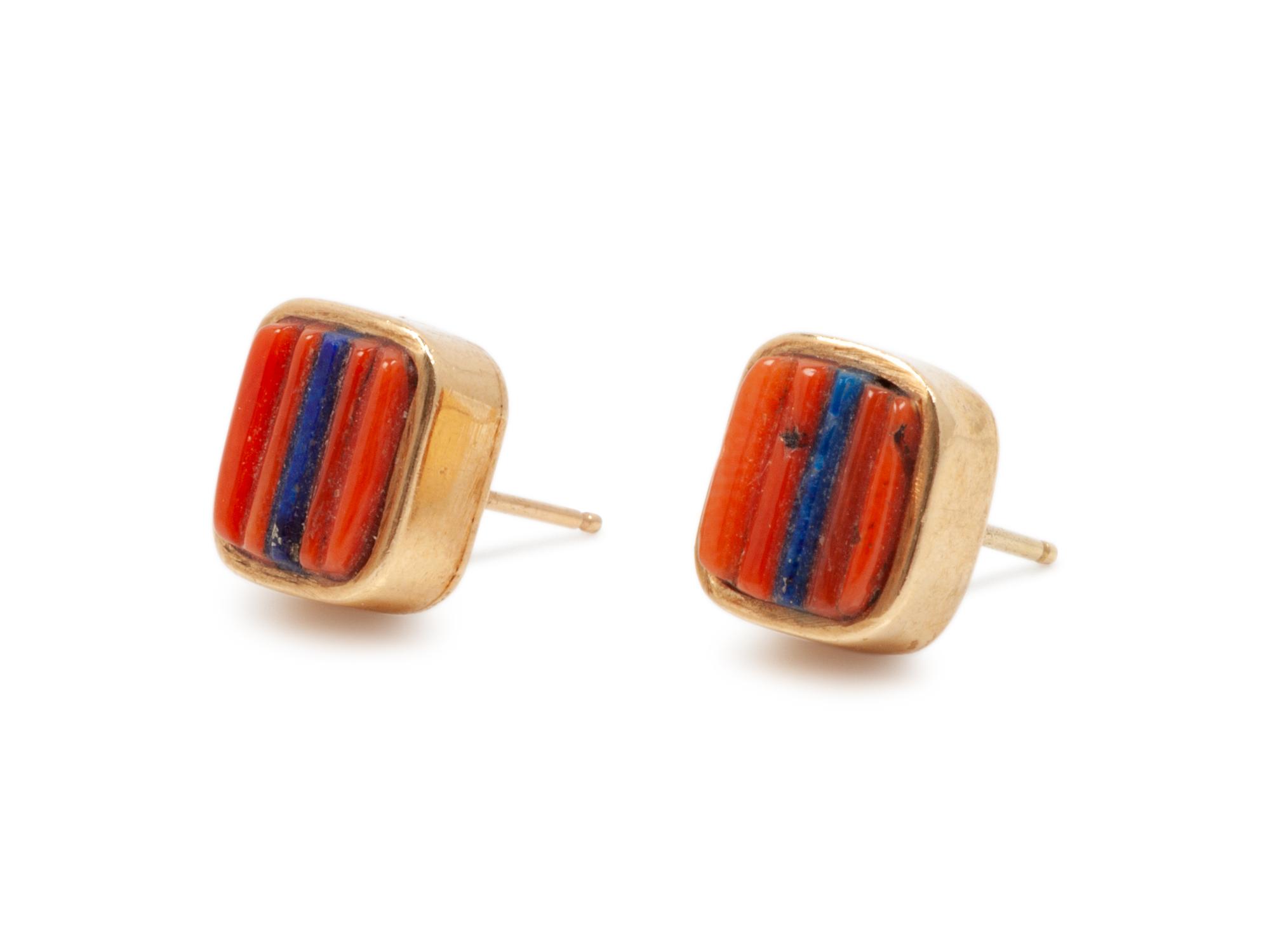 Gold, Lapis, and Coral Earrings