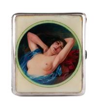 A German Enameled Silver Cigarette Case, Late 19th/Early 20th Century, the guilloche enamel decorated lid centered by a roundel depicti