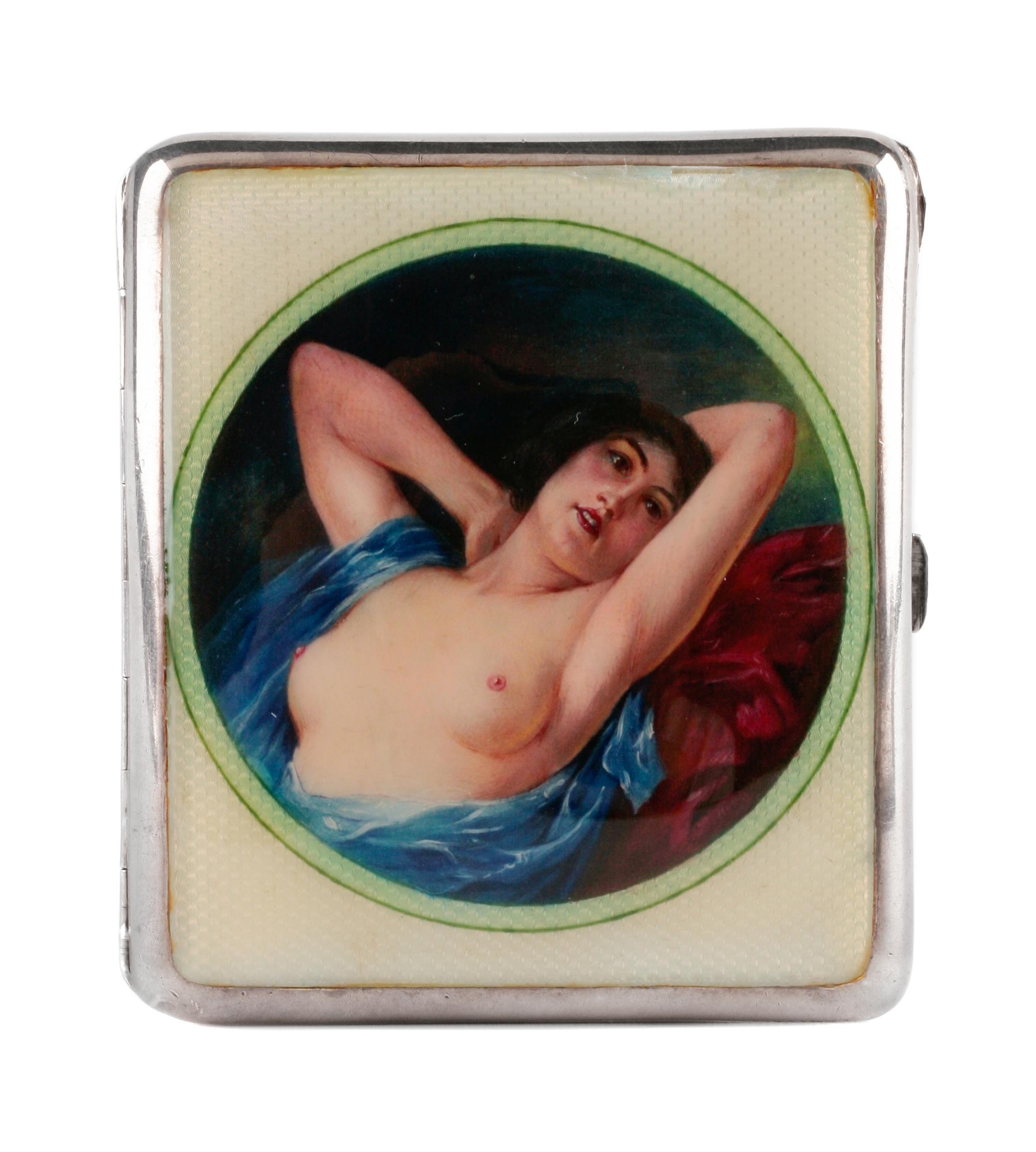 A German Enameled Silver Cigarette Case, Late 19th/Early 20th Century, the guilloche enamel decorated lid centered by a roundel depicti