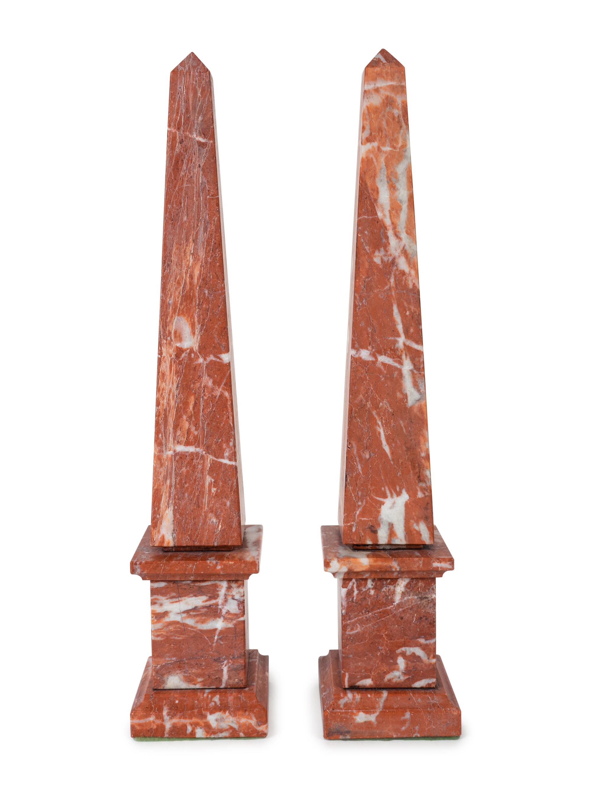 A Pair of Rouge Marble Obelisks — 20TH CENTURY