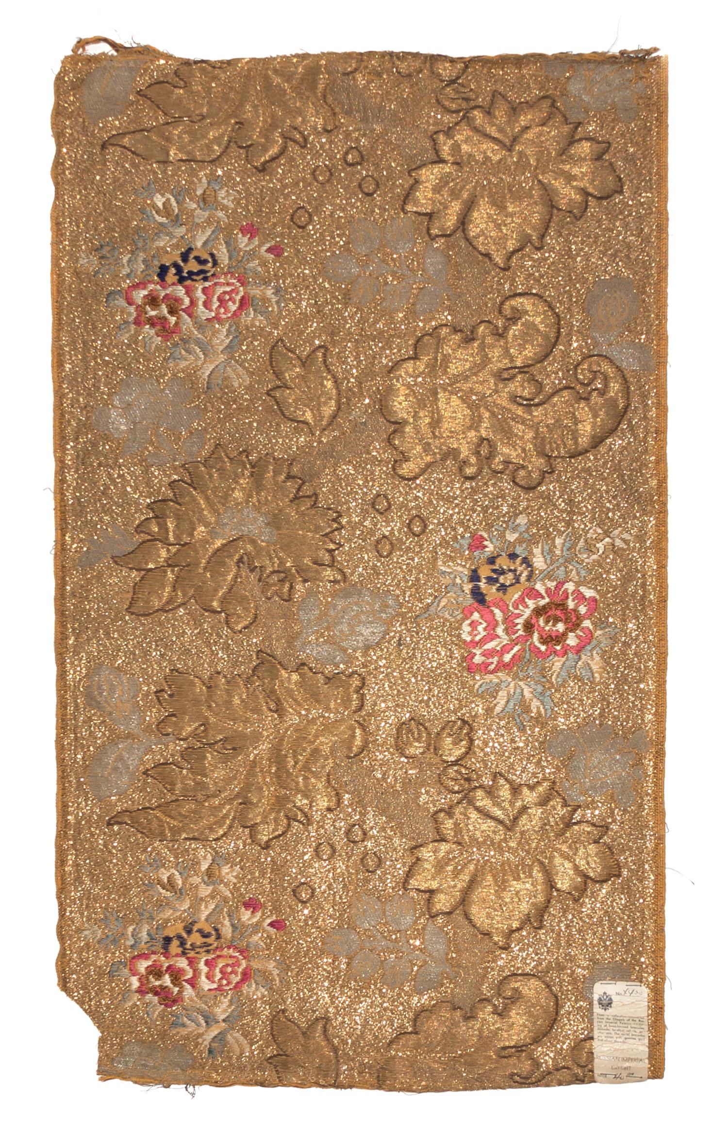 A Russian Gold Embroidered Brocade Tapestry Fragment, 33 x 19 1/2 inches.