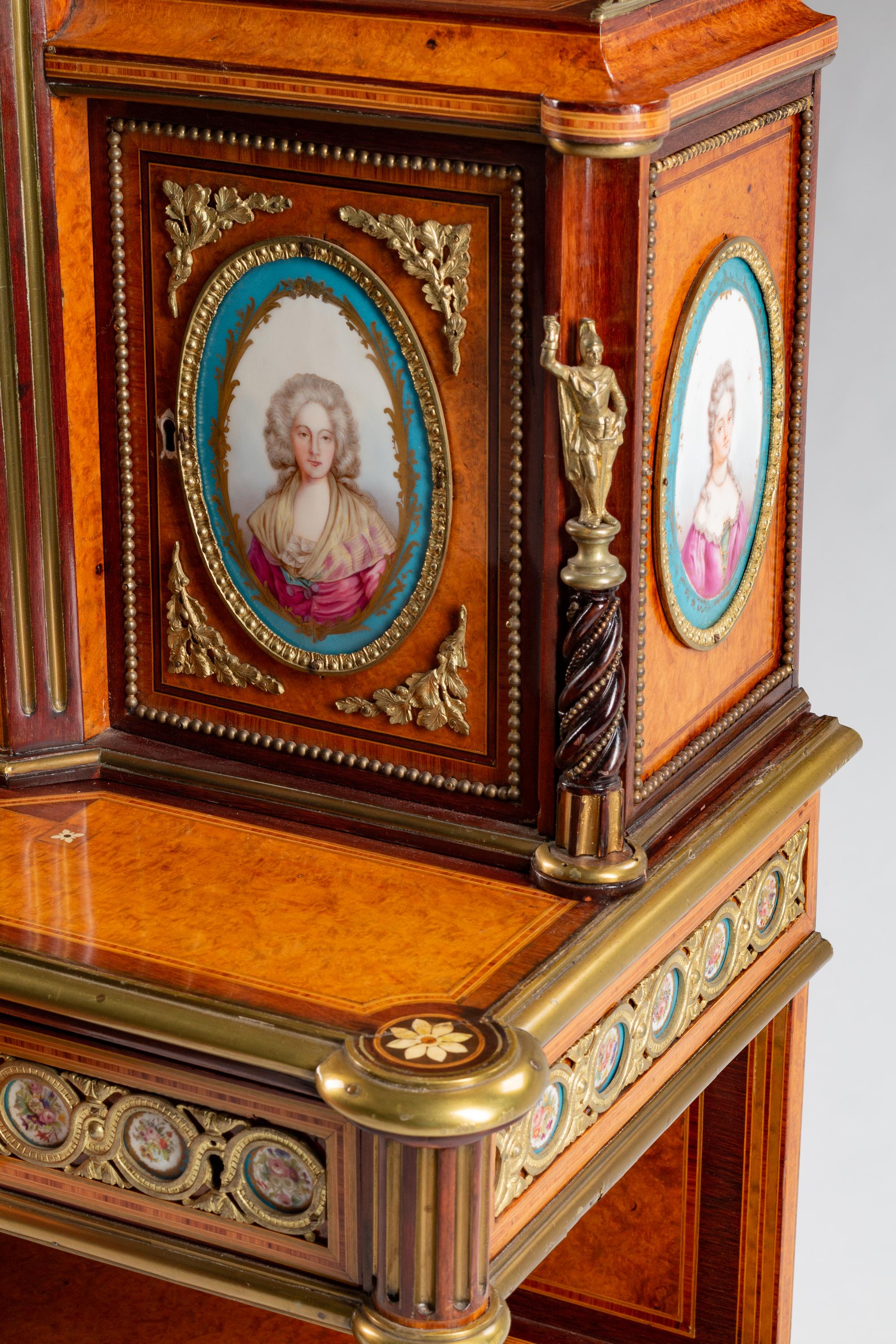 A Louis XVI Style Gilt-Bronze and Porcelain-Mounted Amboyna Bonheur du Jour — 19TH CENTURY