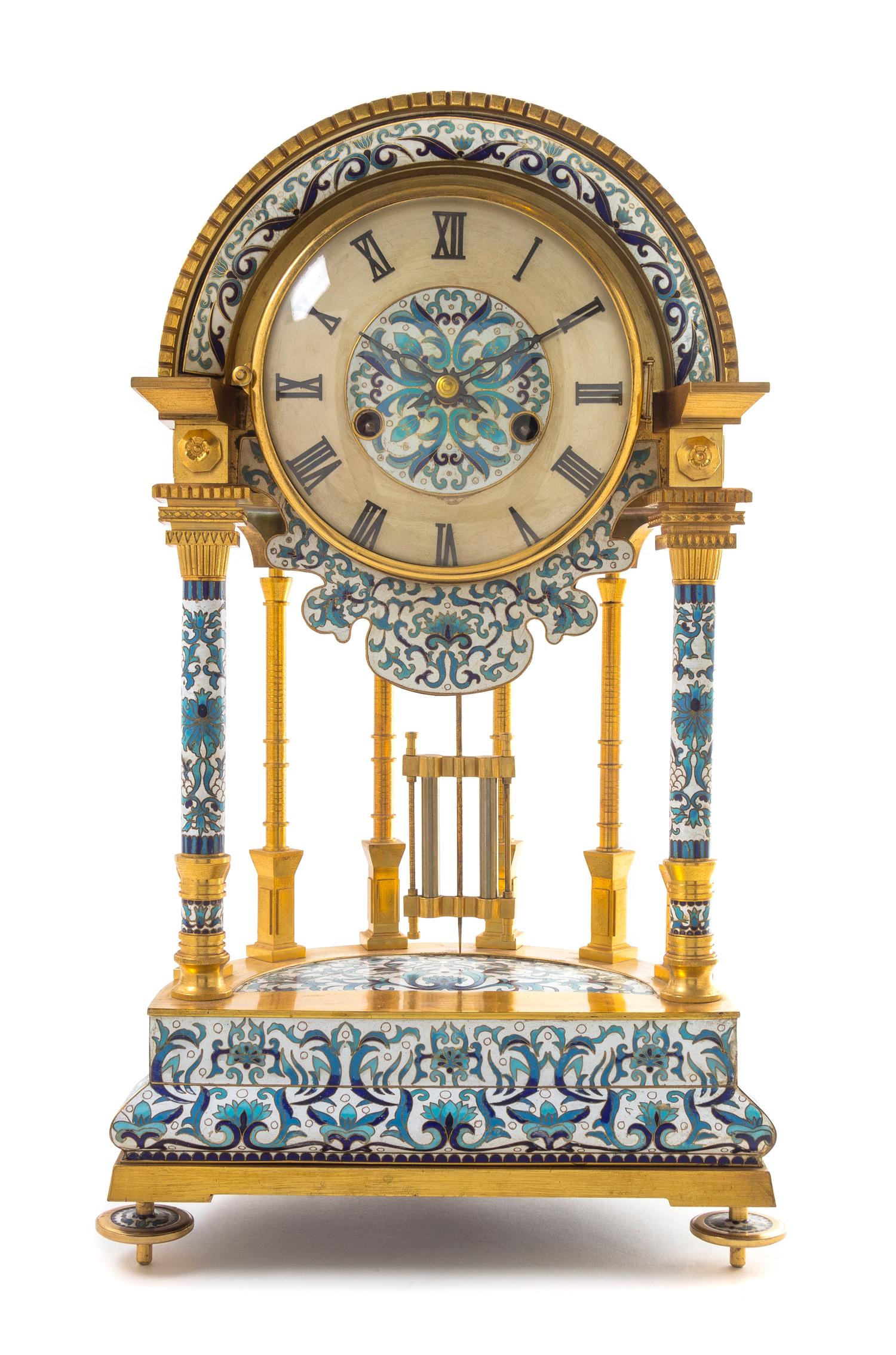 A Chinese Cloisonne Decorated Gilt Bronze Portico Clock Height 19 3/4 inches. — 20TH CENTURY