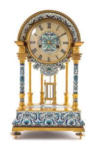 A Chinese Cloisonne Decorated Gilt Bronze Portico Clock Height 19 3/4 inches. — 20TH CENTURY
