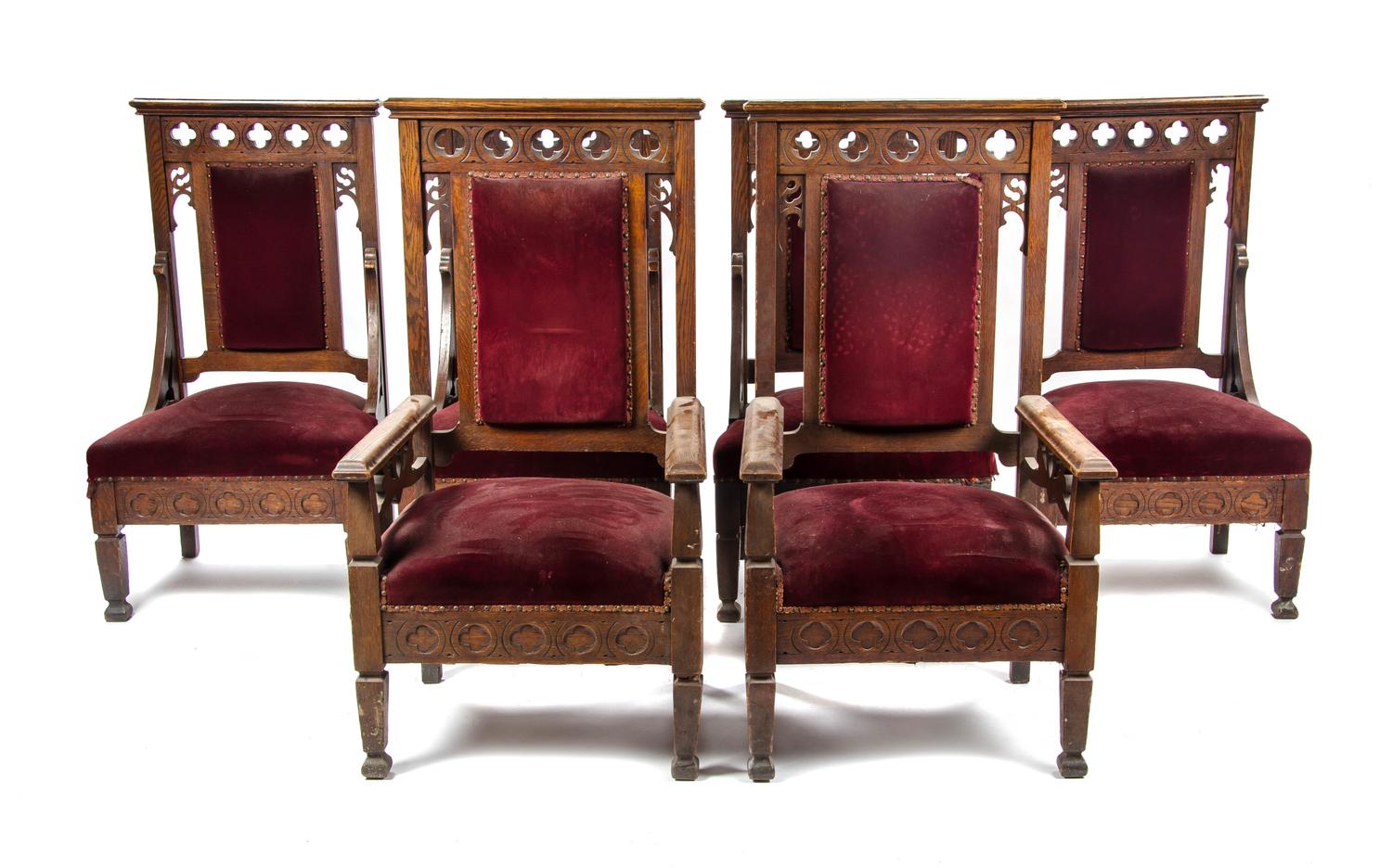 A Set of Eight Gothic Revival Oak Chairs, Height of armchairs 50 1/2 inches.