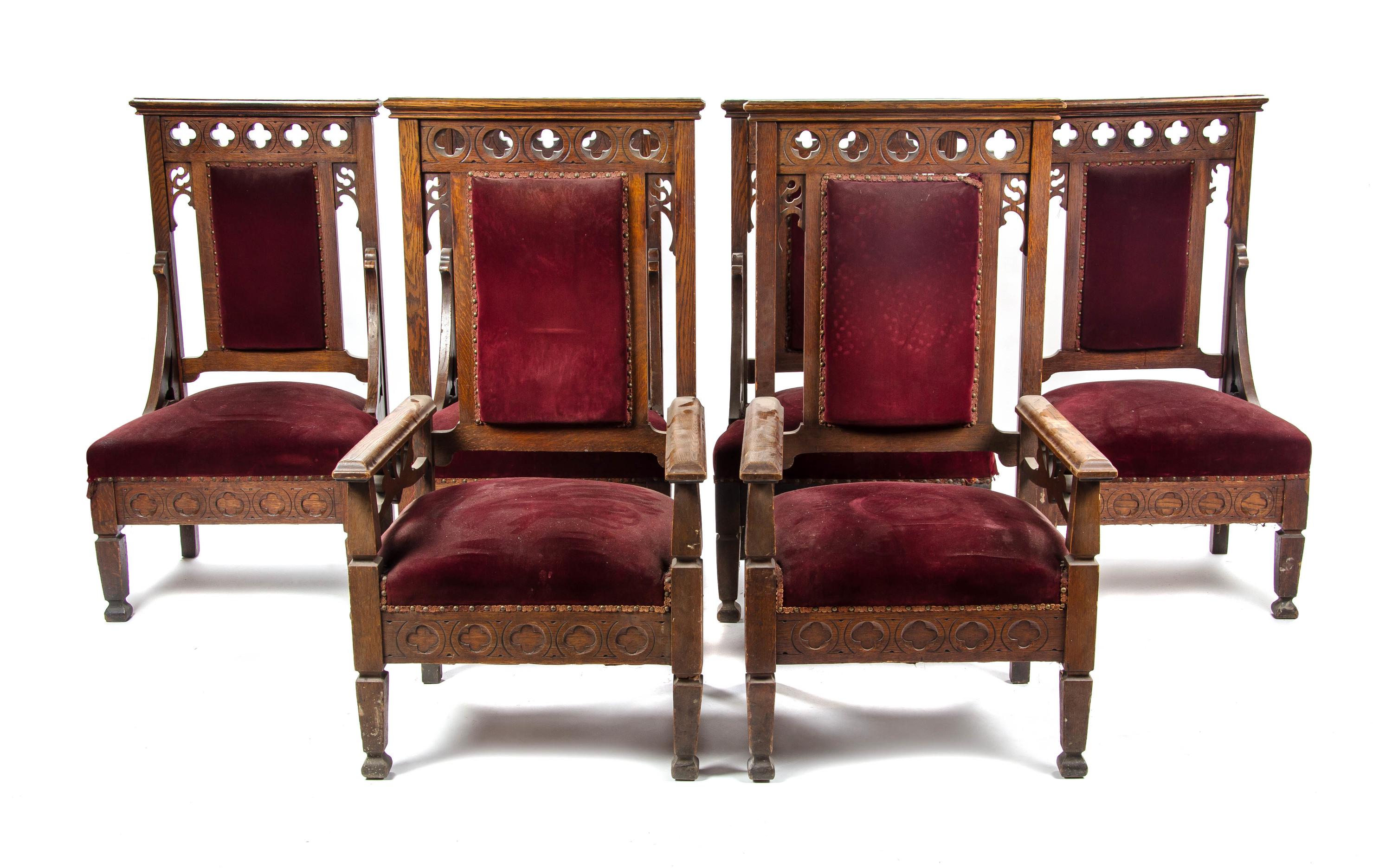 A Set of Eight Gothic Revival Oak Chairs, Height of armchairs 50 1/2 inches.