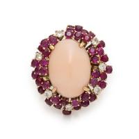 Coral, Ruby, Diamond, and Yellow Gold Ring