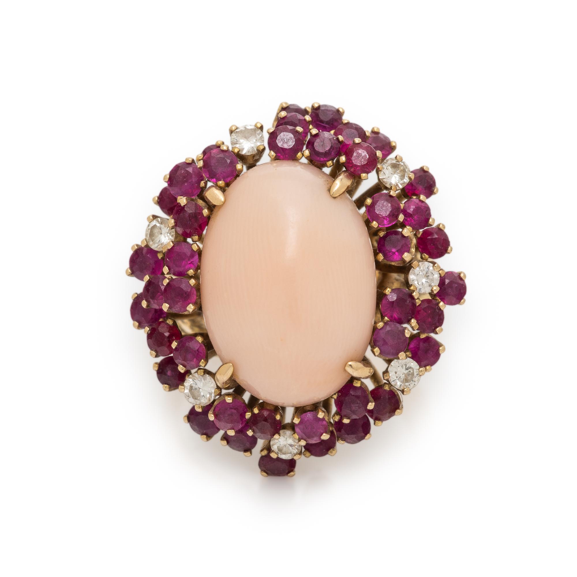 Coral, Ruby, Diamond, and Yellow Gold Ring
