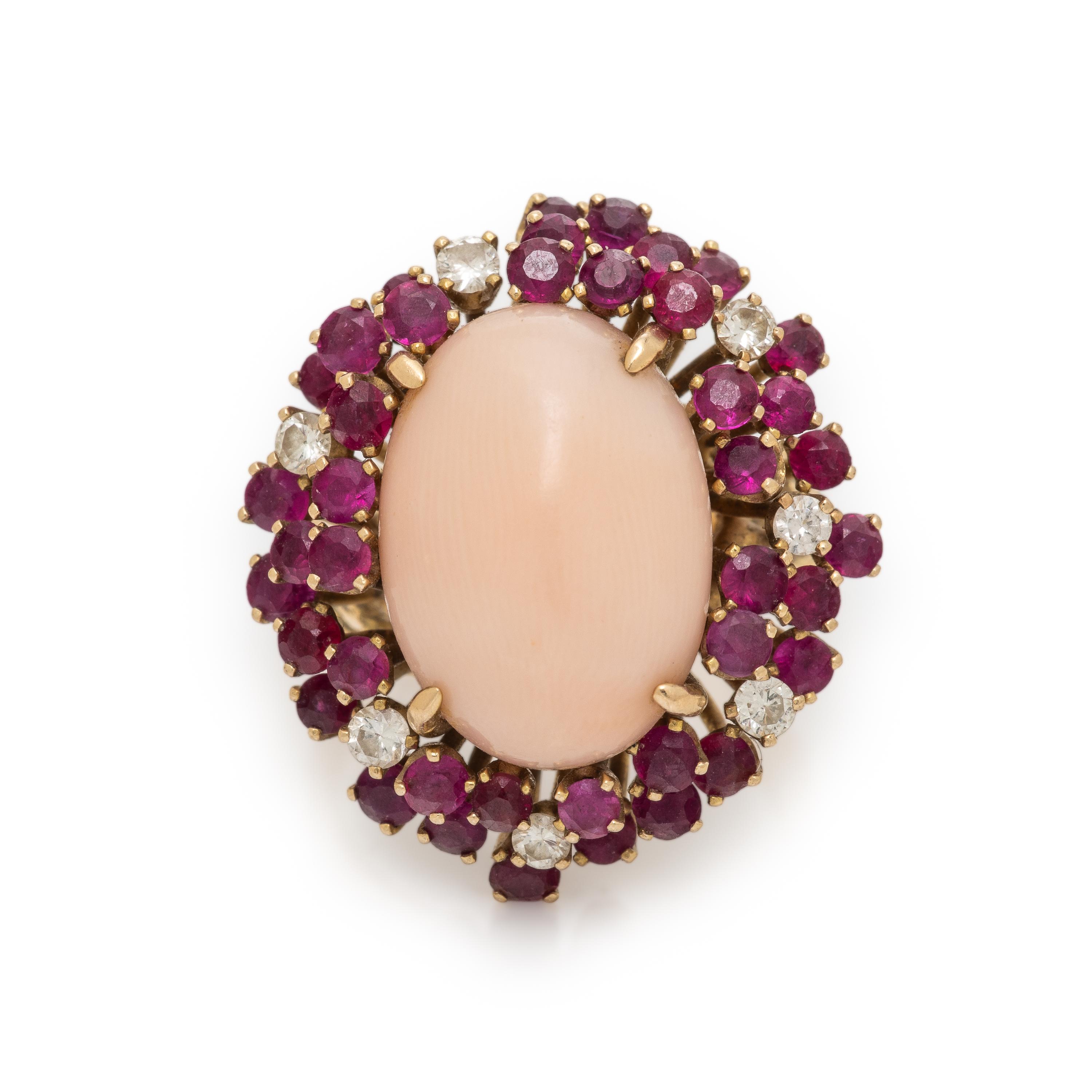 Coral, Ruby, Diamond, and Yellow Gold Ring
