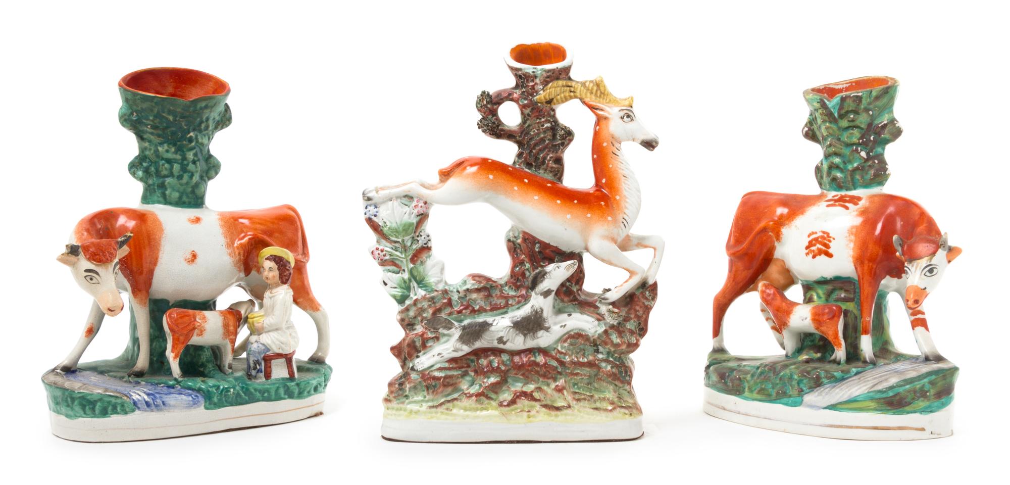 A Collection of Three Staffordshire Spill Vases Height of tallest 11 1/2 inches. — 19TH CENTURY