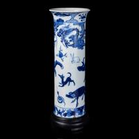 A Chinese Blue and White 'Zodiac' Beaker Vase, Late Qing Dynasty 清晚期 青花十二生肖圖直筒瓶