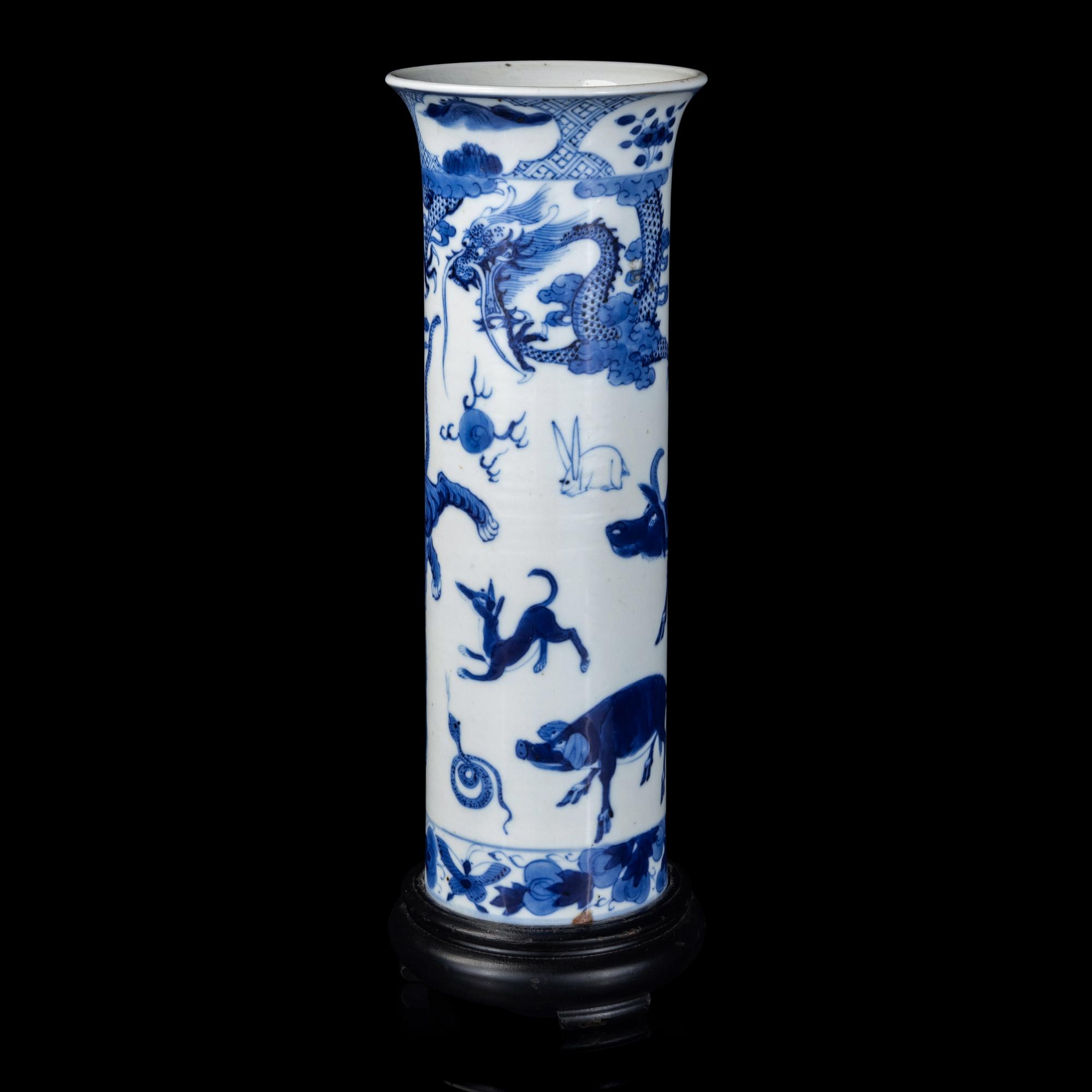 A Chinese Blue and White 'Zodiac' Beaker Vase, Late Qing Dynasty 清晚期 青花十二生肖圖直筒瓶