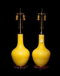 A Pair of Large Chinese Lemon Yellow-Glazed Porcelain Bottle Vases