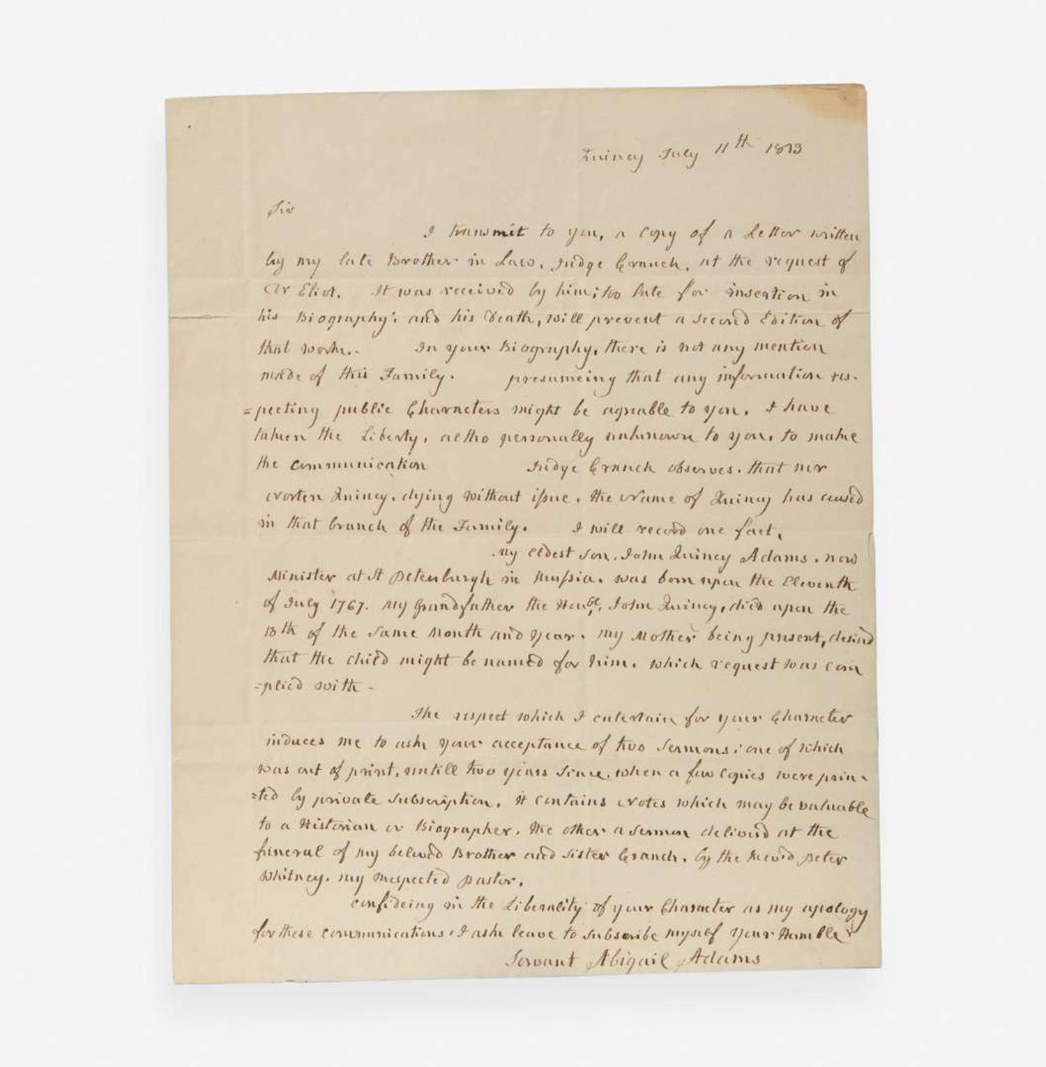 [Americana] Adams, Abigail Autograph Letter, signed