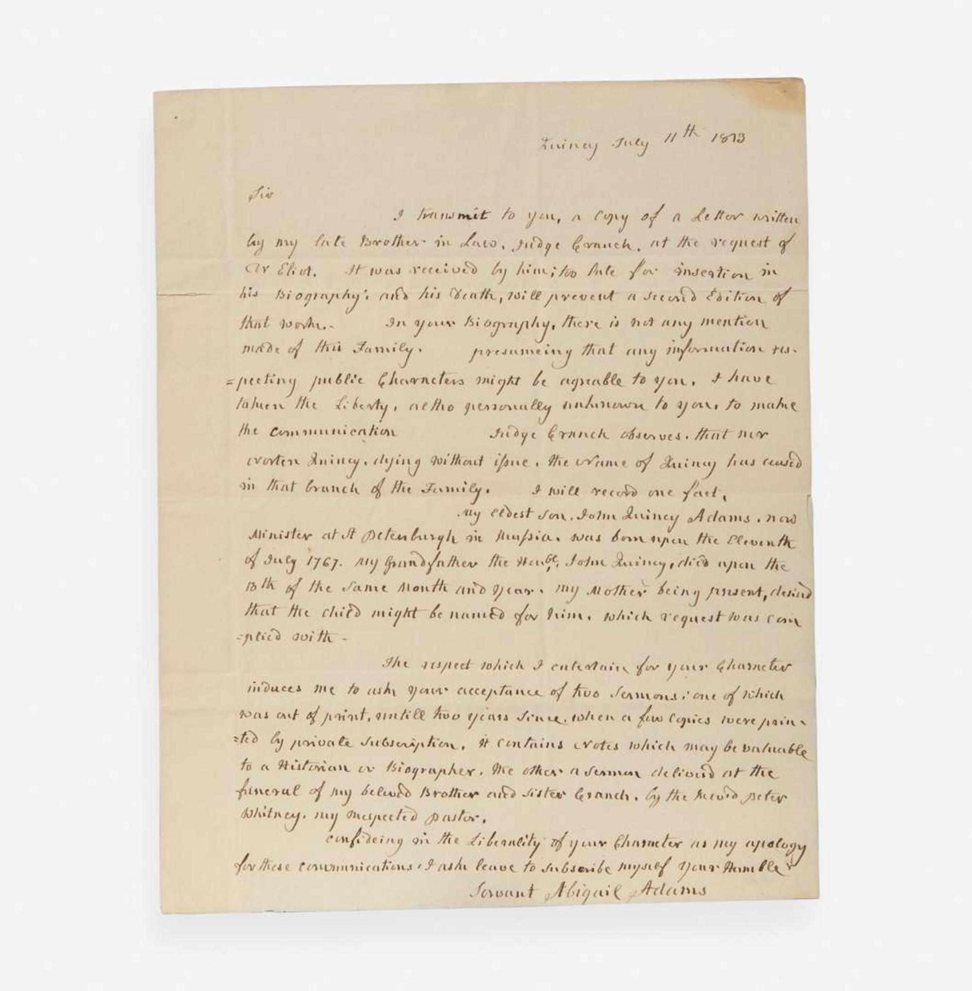 [Americana] Adams, Abigail Autograph Letter, signed
