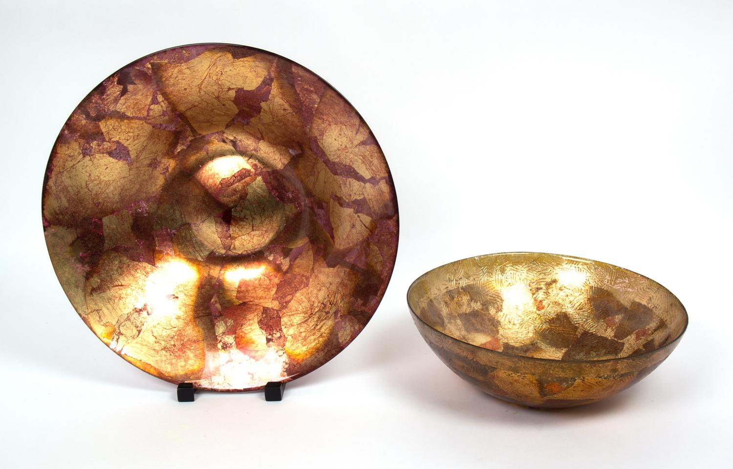 Two Foil Decorated Servings Bowls Diameter of largest 16 inches.