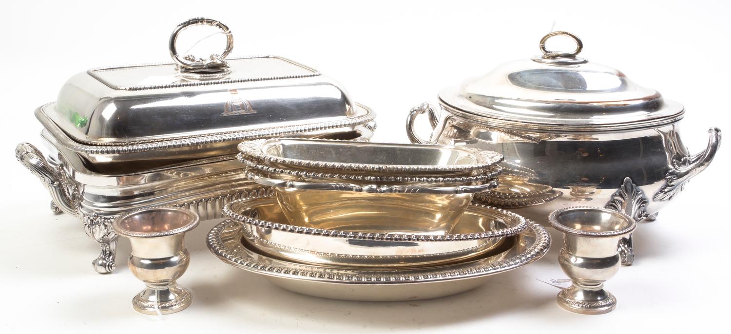Nine Silver-plate Table Articles, 19th-20th Century Width of entree dish over handles 13 3/4 inches.