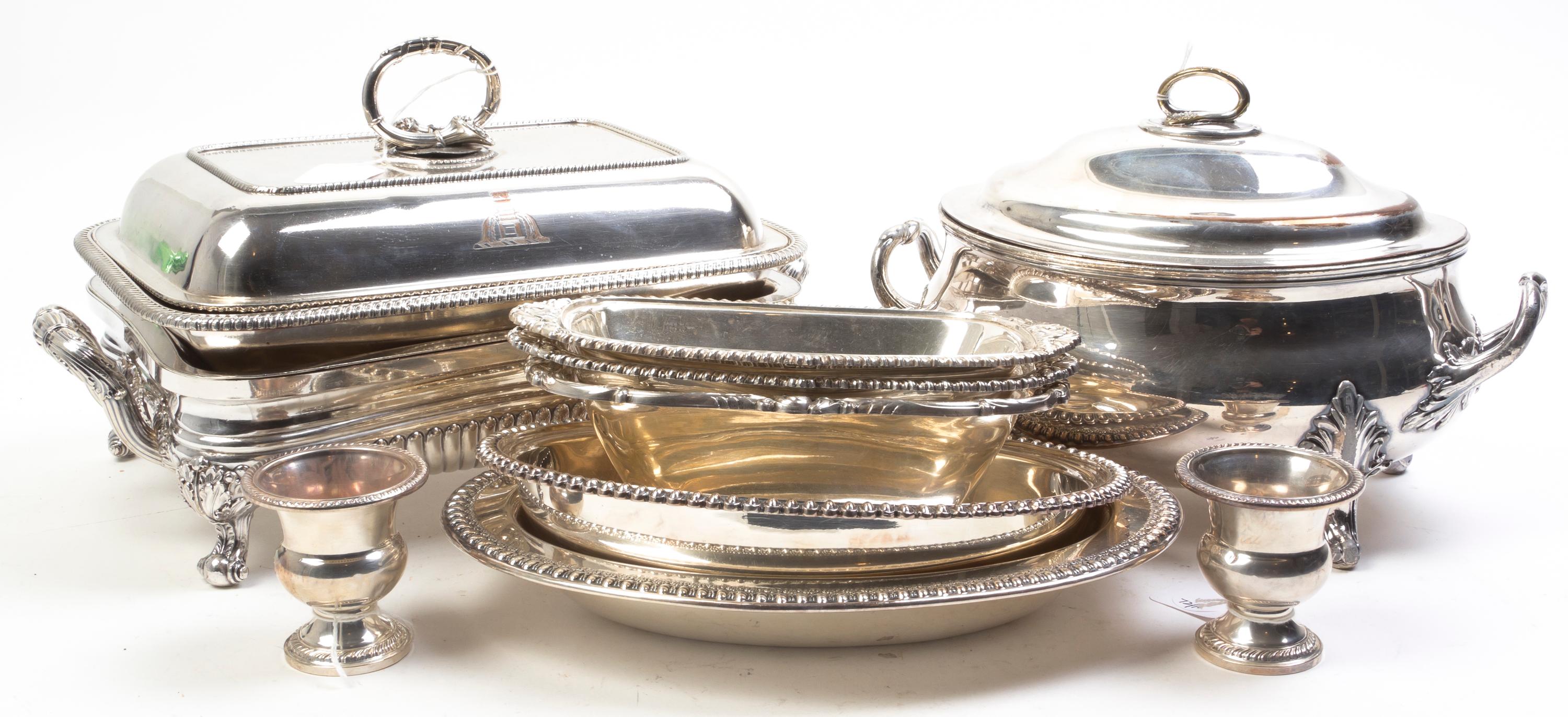 Nine Silver-plate Table Articles, 19th-20th Century Width of entree dish over handles 13 3/4 inches.