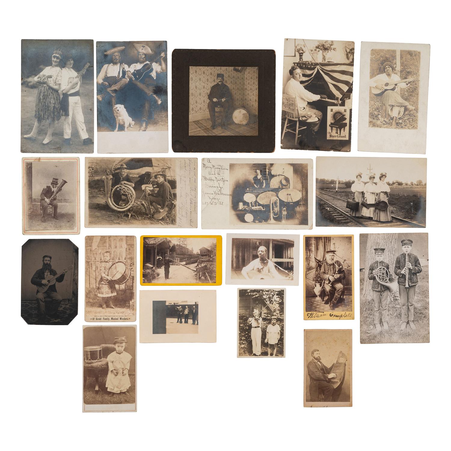[EARLY PHOTOGRAPHY - MUSIC]. A collection of 100+ photographs of people with musical instruments, including: