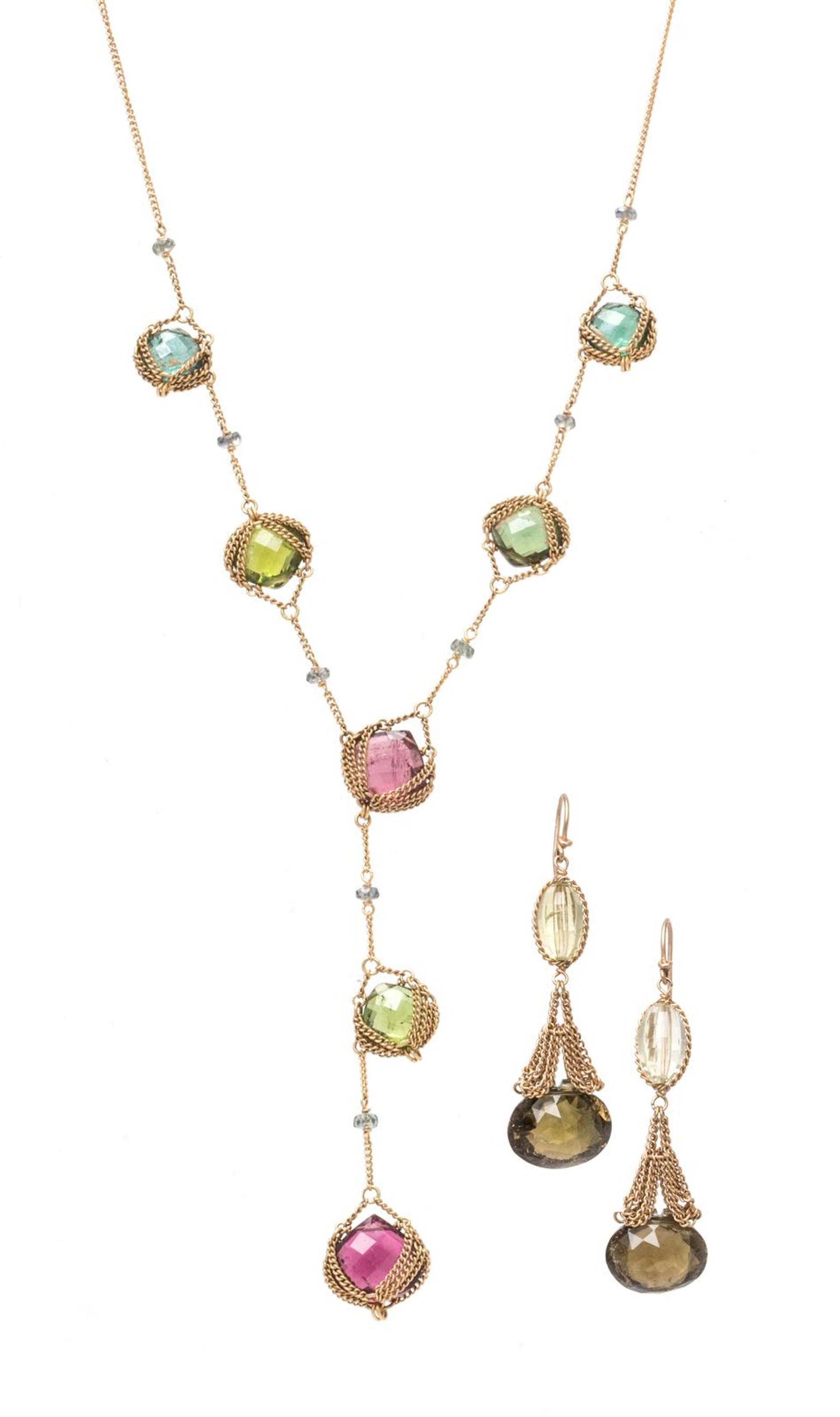 YELLOW GOLD, TOURMALINE AND ROCK CRYSTAL SET