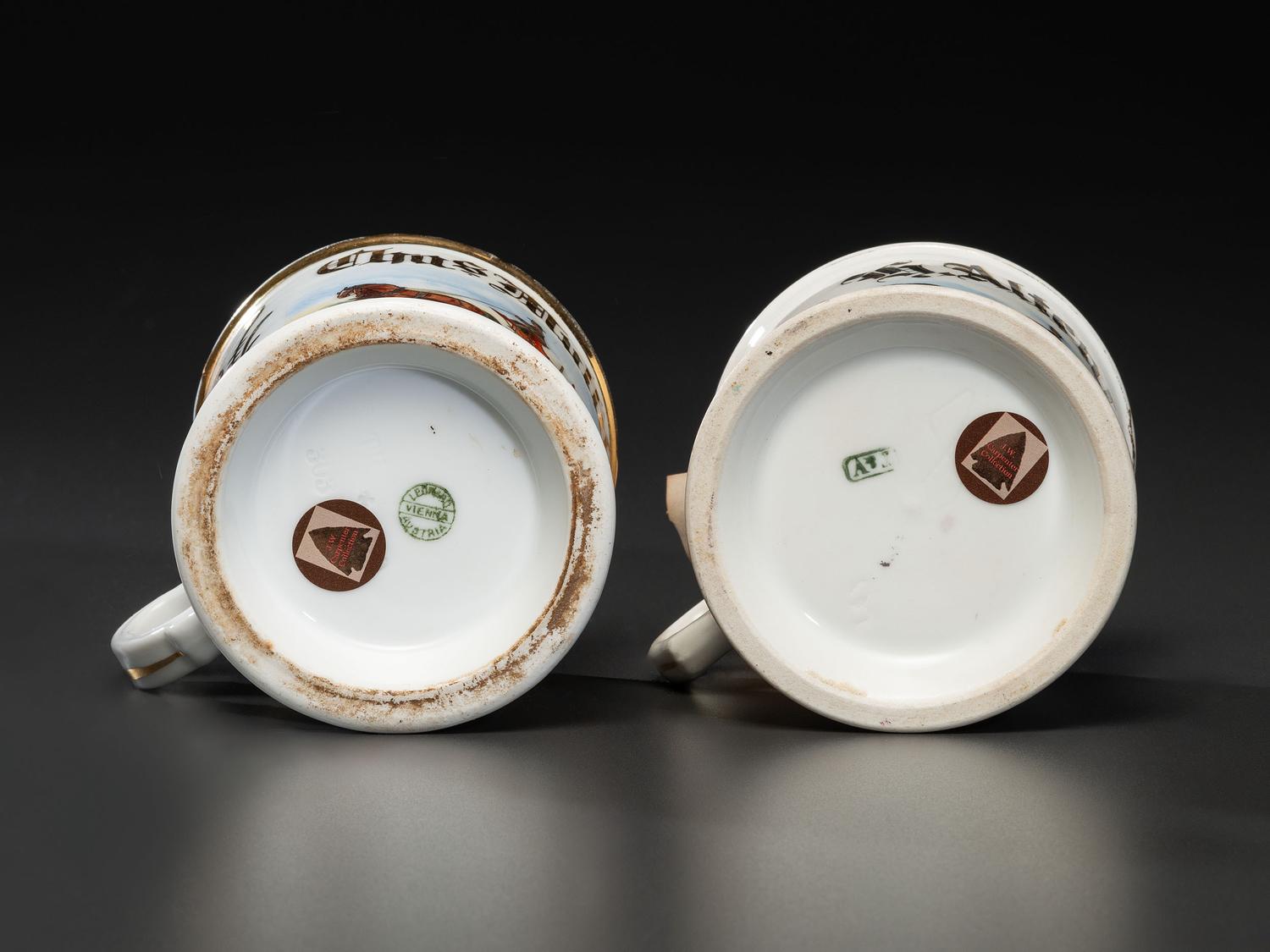 Two Porcelain Occupational Shaving Mugs Depicting a Drayman and a Deliveryman