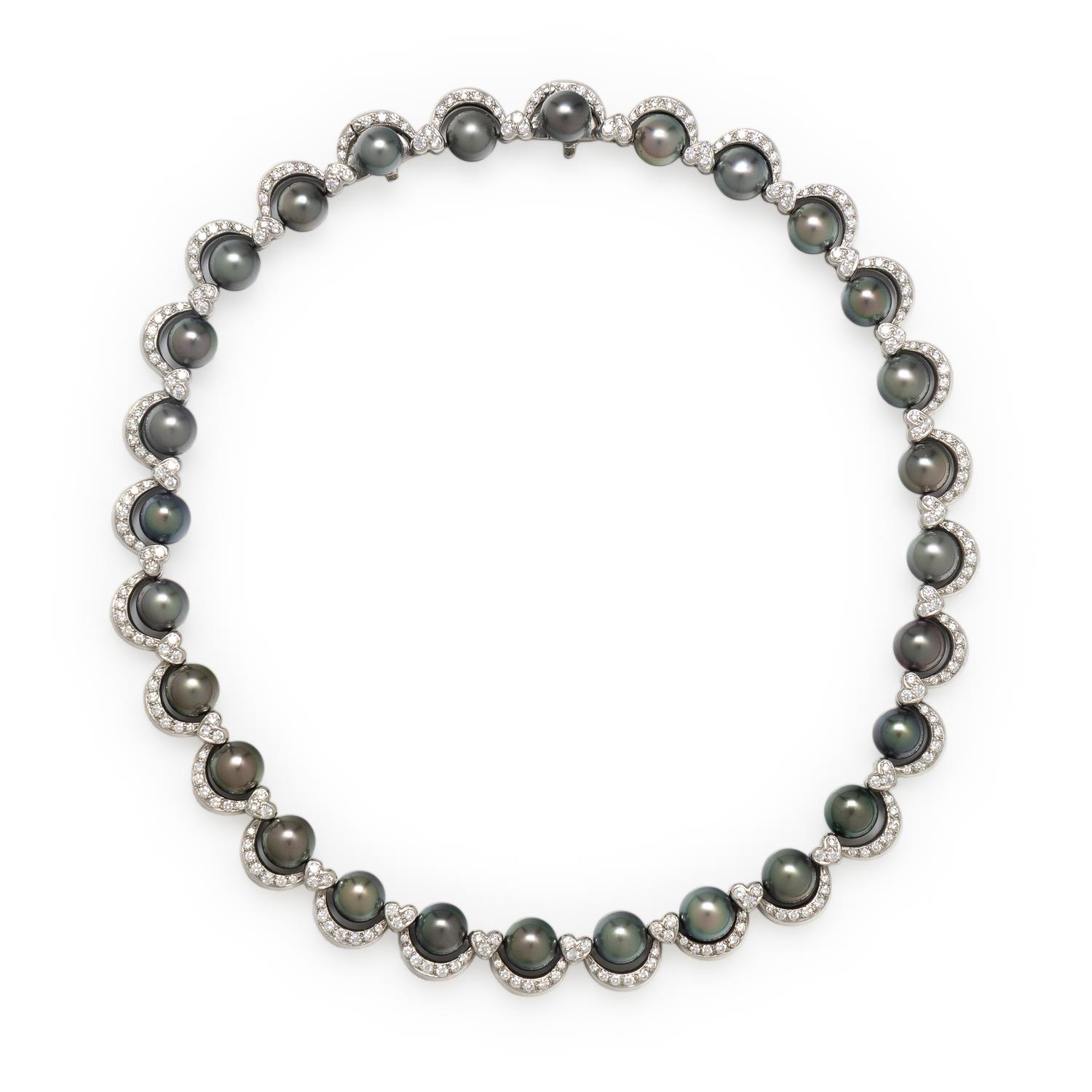 GREY CULTURED PEARL, DIAMOND, AND PLATINUM COLLAR NECKLACE