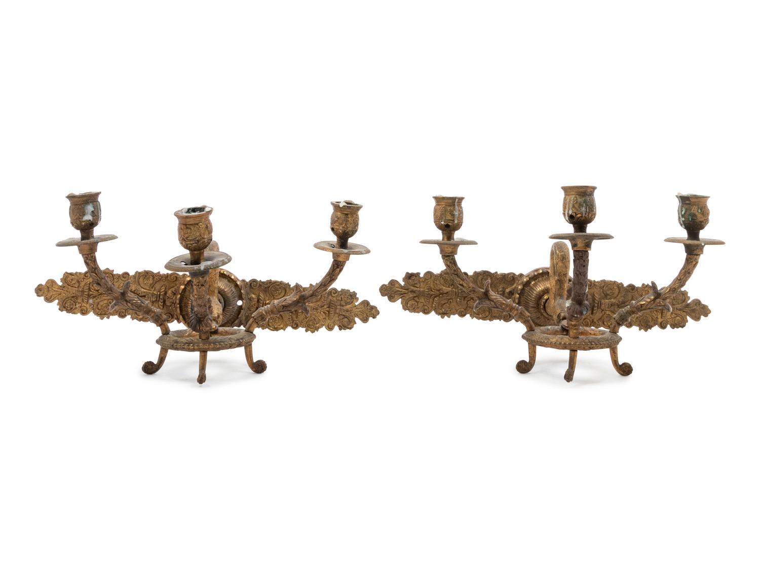 A Pair of Empire Style Gilt Bronze Three-Light Sconces