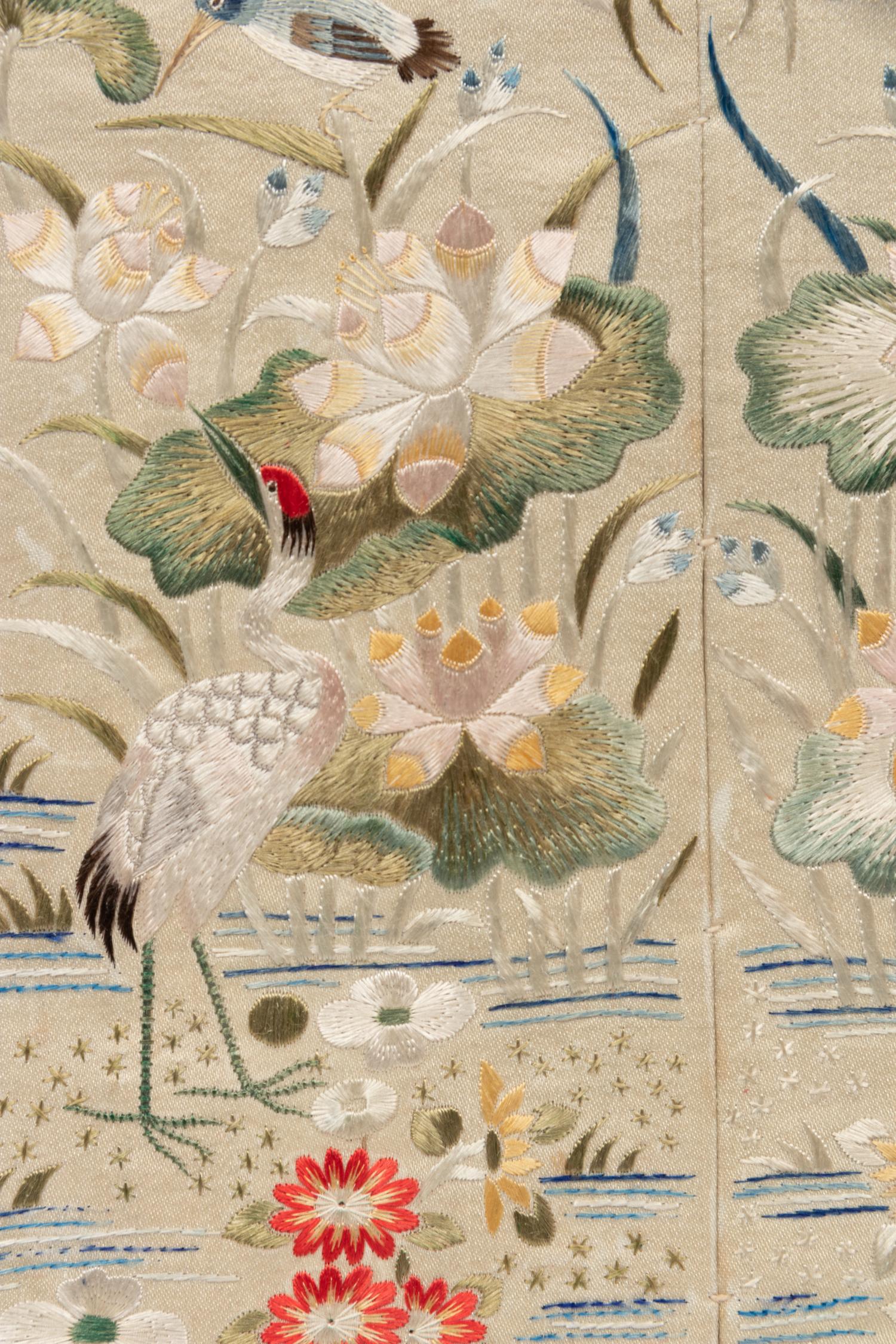 Two Chinese Cream Ground Embroidered Silk Panels