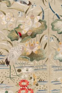 Two Chinese Cream Ground Embroidered Silk Panels