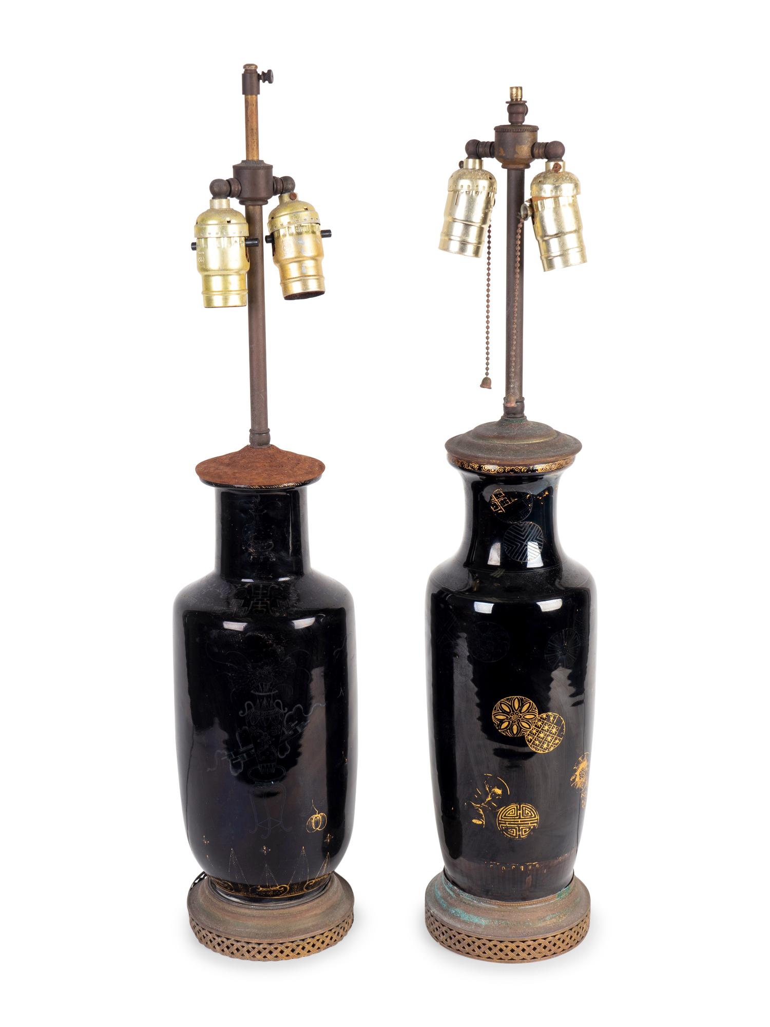 Two Chinese Gilt-Decorated Black-Glazed Porcelain Vases Mounted as Lamps — 19TH CENTURY