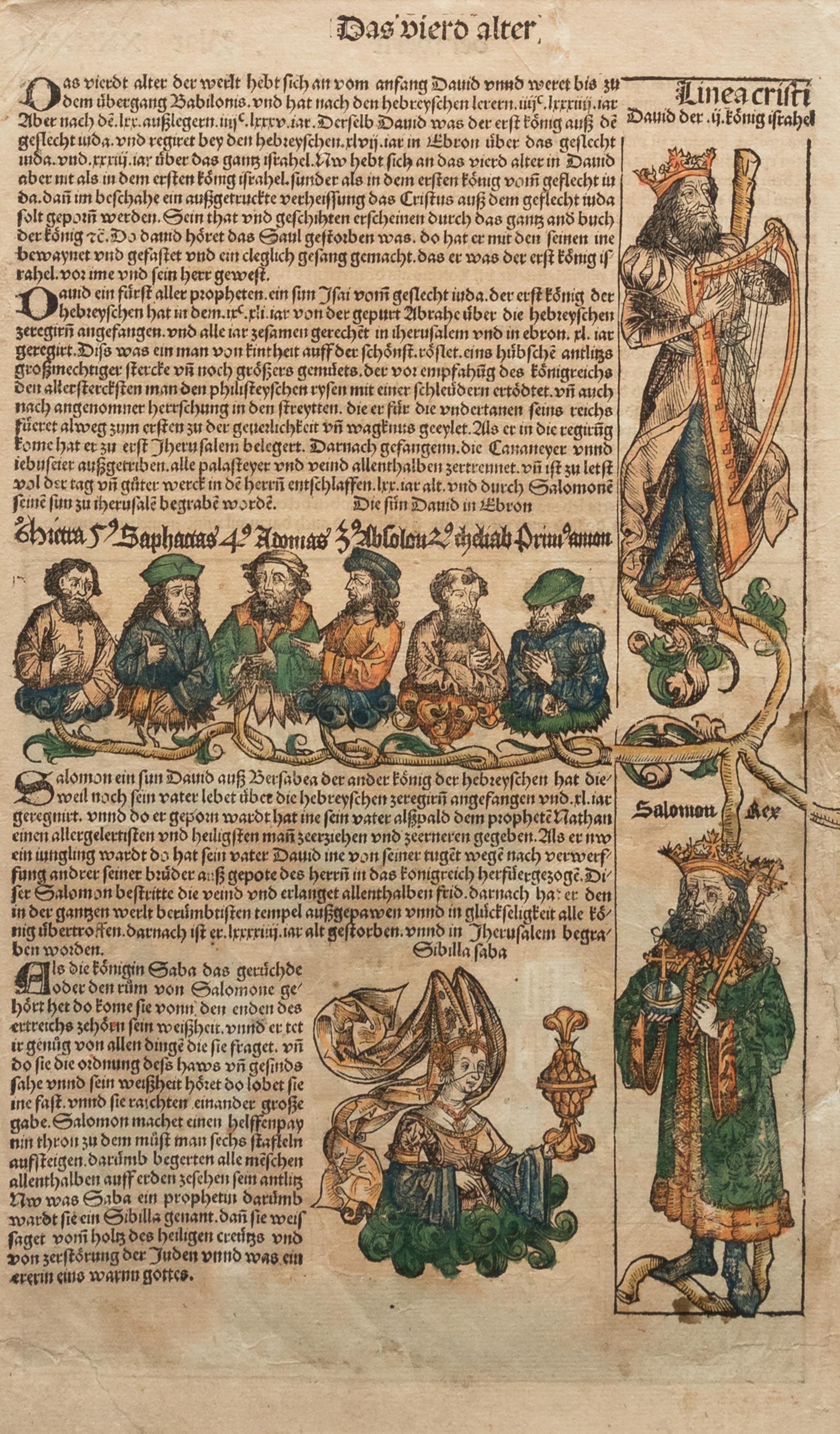 [LEAVES -- INCUNABULA] -- [SCHEDEL, Hartmann]. Two Incunabula leaves with hand-coloring from the Liber Chonicarum , or Nuremberg Chronicle . [Nuremberg, 1493].