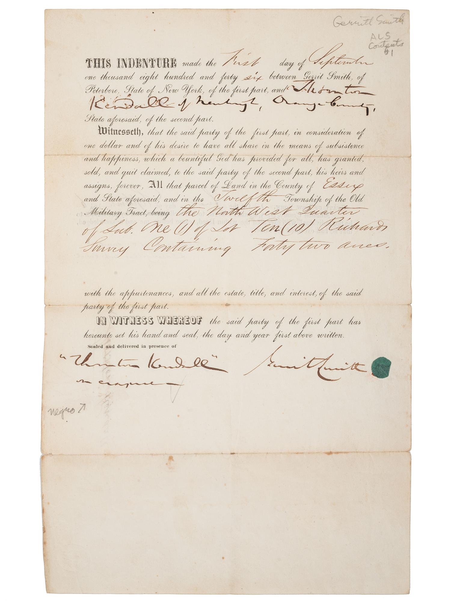 [SLAVERY & ABOLITION] -- [SMITH, Gerrit (1797-1874)]. Partly printed indenture transferring land from abolitionist Gerrit Smith to Thornton Kendall of Newburgh, Orange County, New York. 1 September 1846.