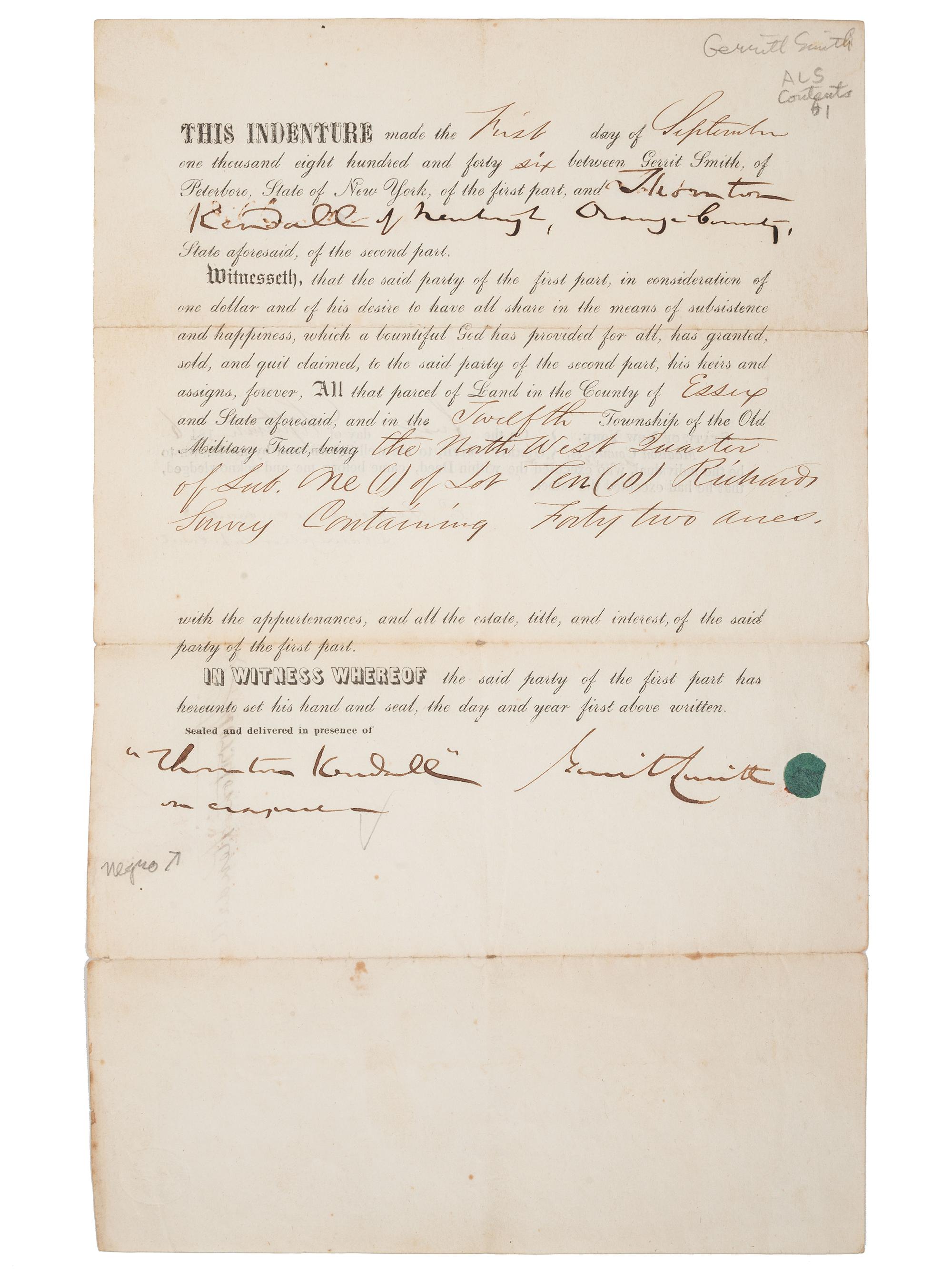 [SLAVERY & ABOLITION] -- [SMITH, Gerrit (1797-1874)]. Partly printed indenture transferring land from abolitionist Gerrit Smith to Thornton Kendall of Newburgh, Orange County, New York. 1 September 1846.