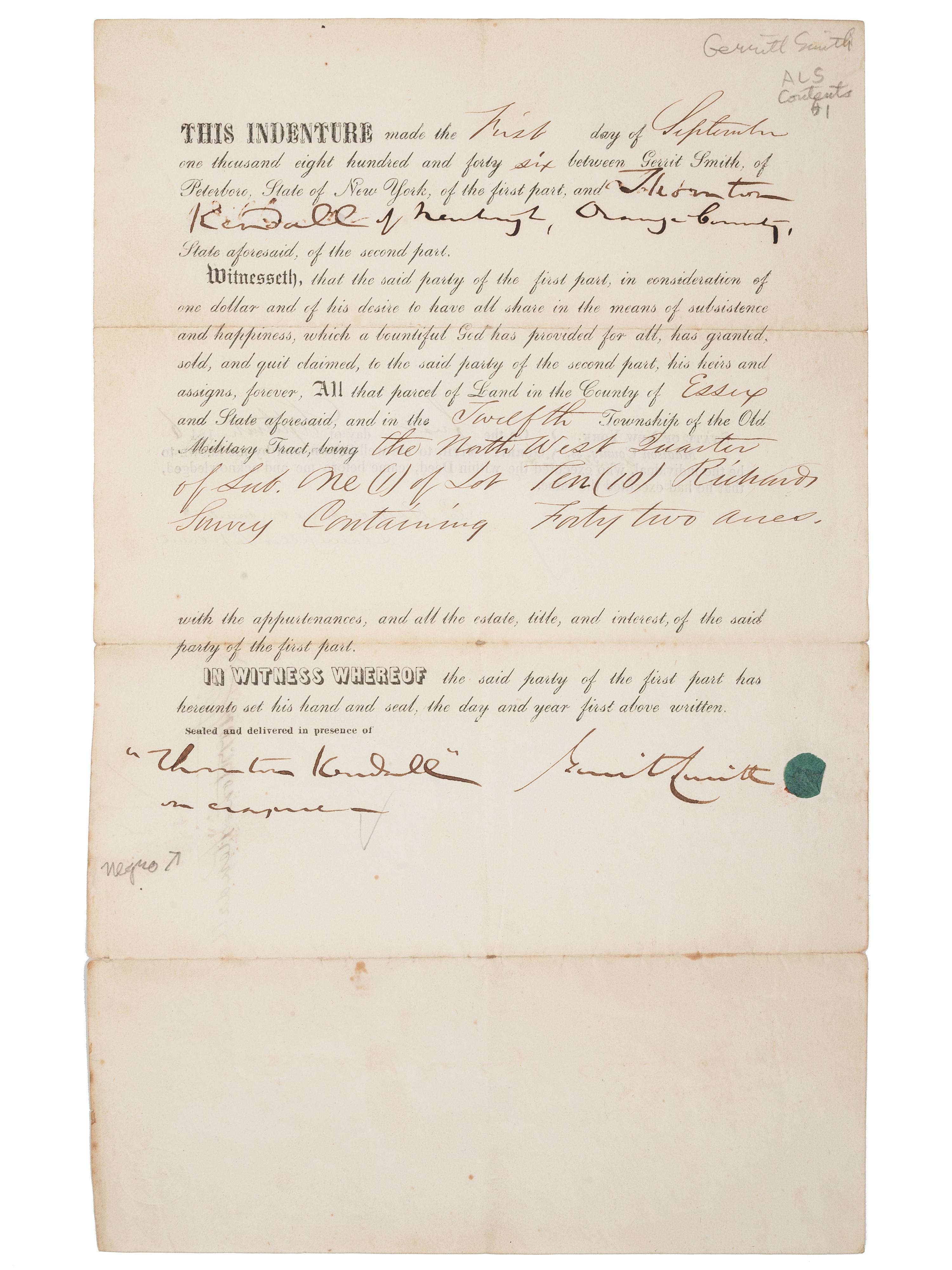 [SLAVERY & ABOLITION] -- [SMITH, Gerrit (1797-1874)]. Partly printed indenture transferring land from abolitionist Gerrit Smith to Thornton Kendall of Newburgh, Orange County, New York. 1 September 1846.