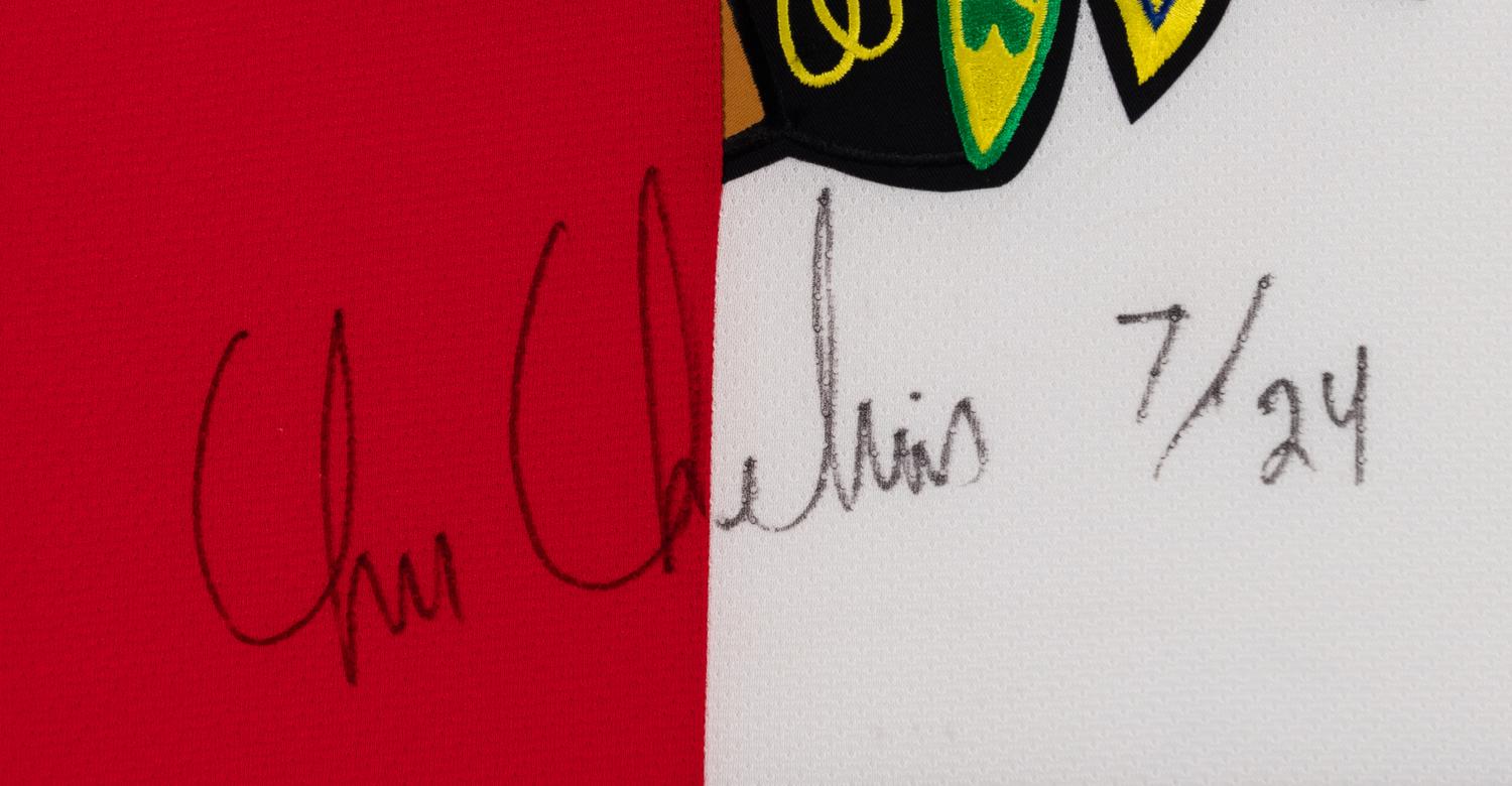 A Unique Chris Chelios Signed Autograph Chicago Blackhawks / Detroit Red Wings Hockey Jersey,