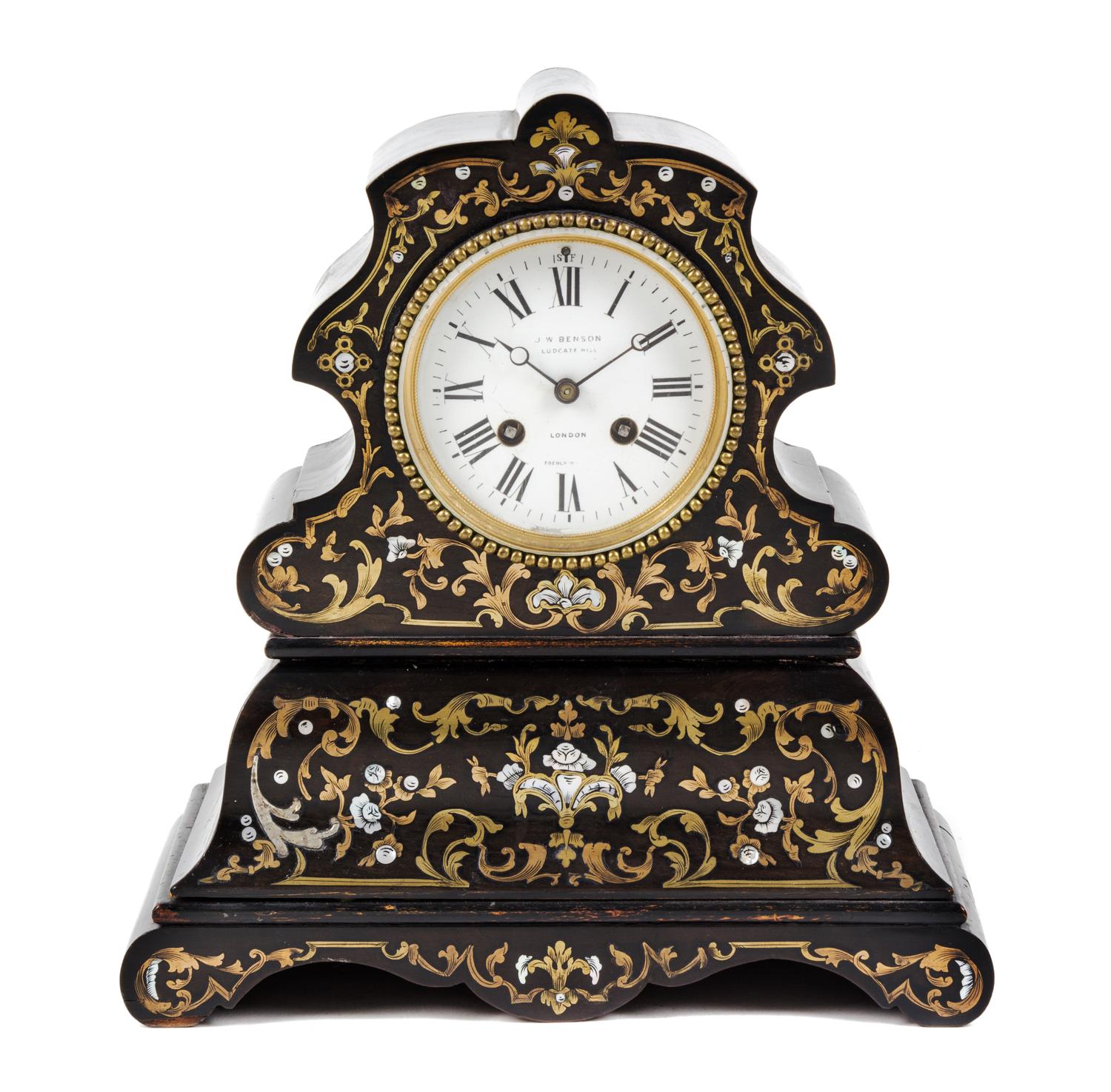 A French Brass and Mother-of-Pearl Inlaid Mantle Clock Height 12 inches. — MOVEMENT BY JAPY FRERES, LATE 19TH CENTURY