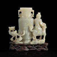 A Chinese jade "Boys, Kylin and Phoenix" vase on carved wood stand 玉雕童子凤鸟花樽及底座