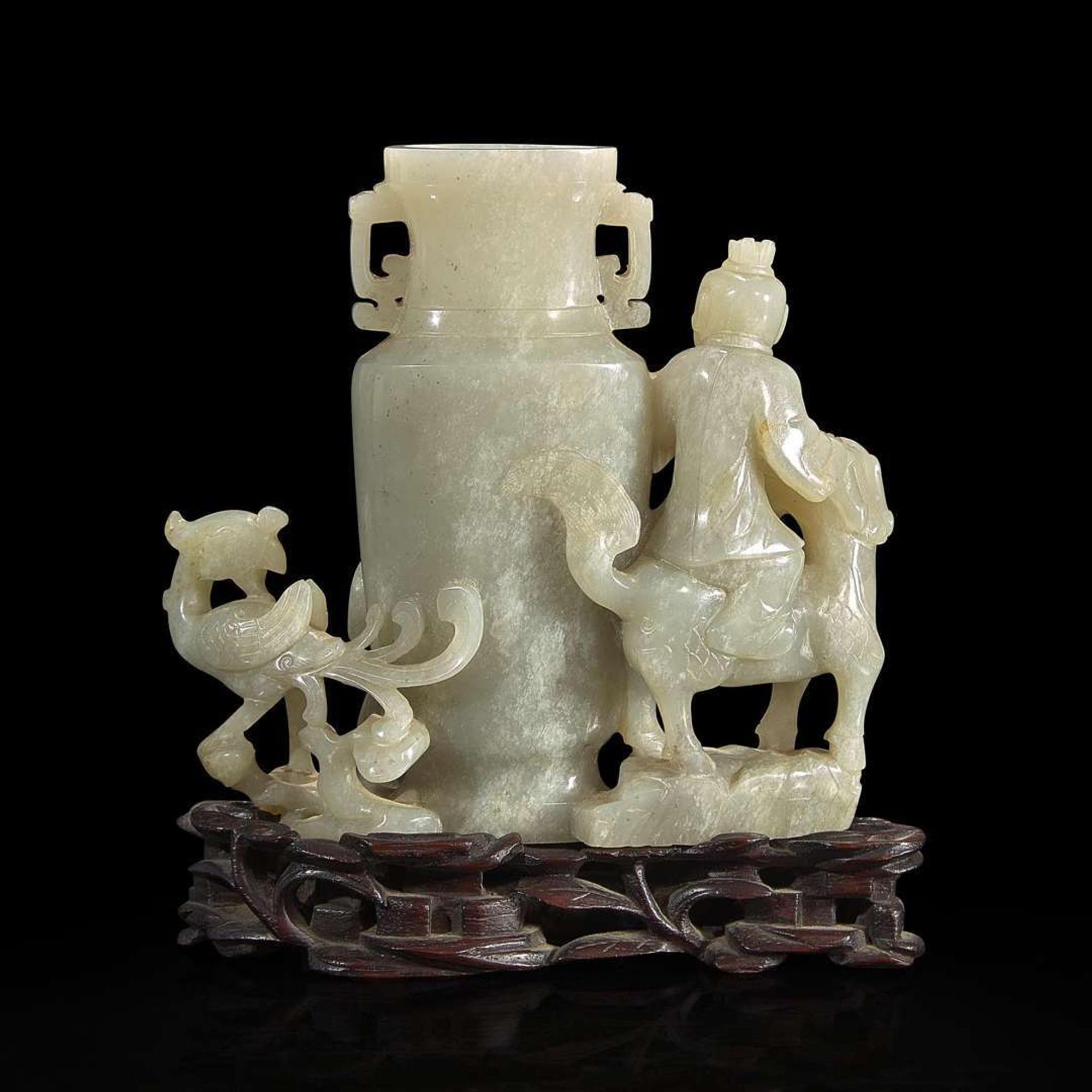 A Chinese jade "Boys, Kylin and Phoenix" vase on carved wood stand 玉雕童子凤鸟花樽及底座