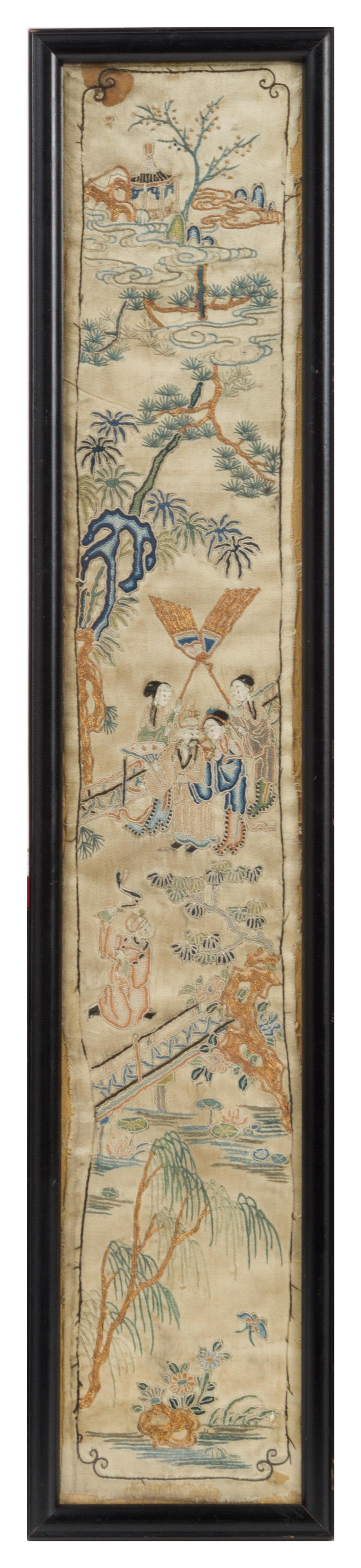 A Pair of Embroidered Silk Panels Height of each overall 21 3/4 x width 4 3/8 inches.