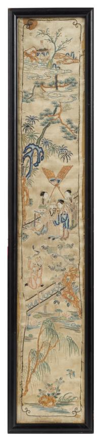 A Pair of Embroidered Silk Panels Height of each overall 21 3/4 x width 4 3/8 inches.