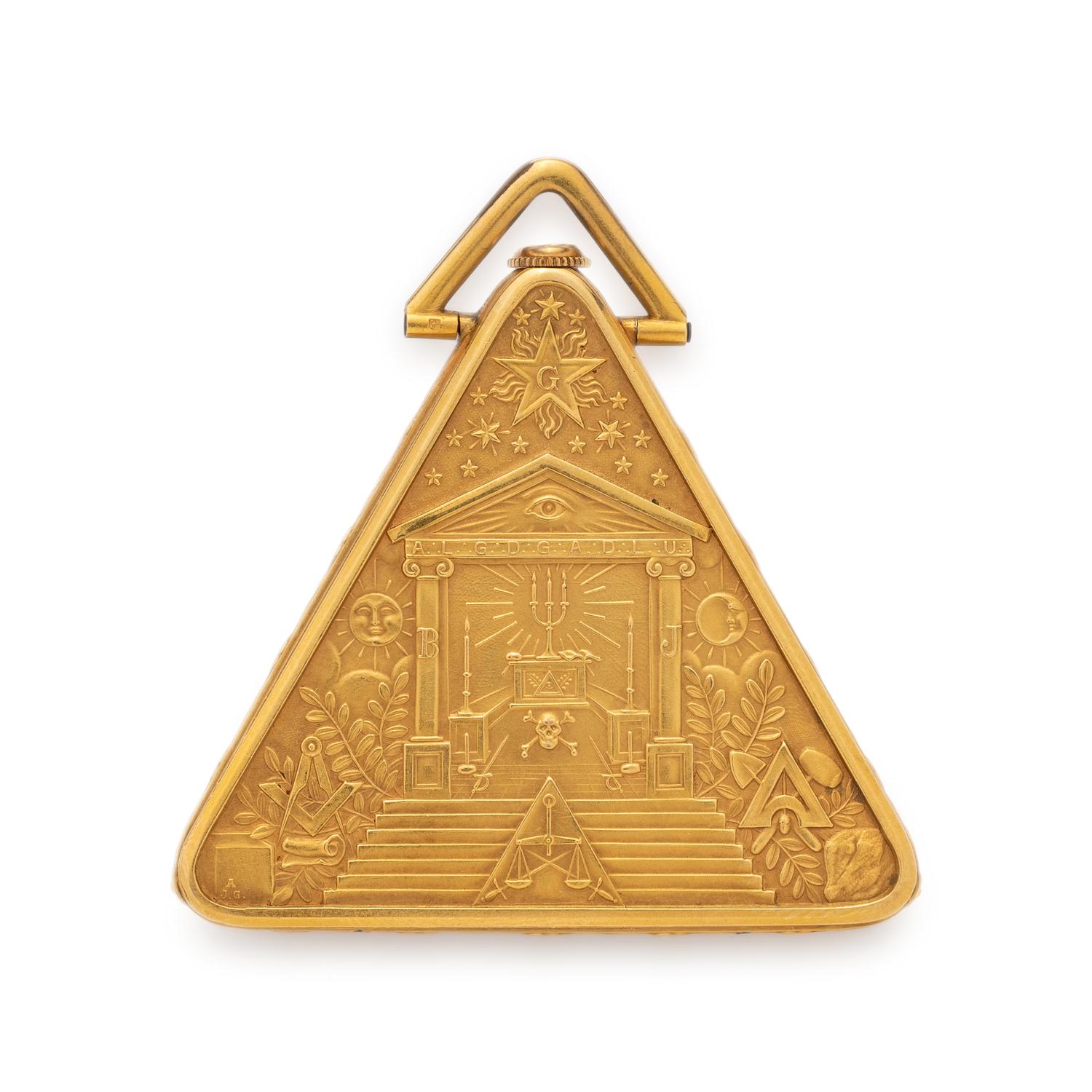 YELLOW GOLD MASONIC OPEN FACE POCKET WATCH AND FOB