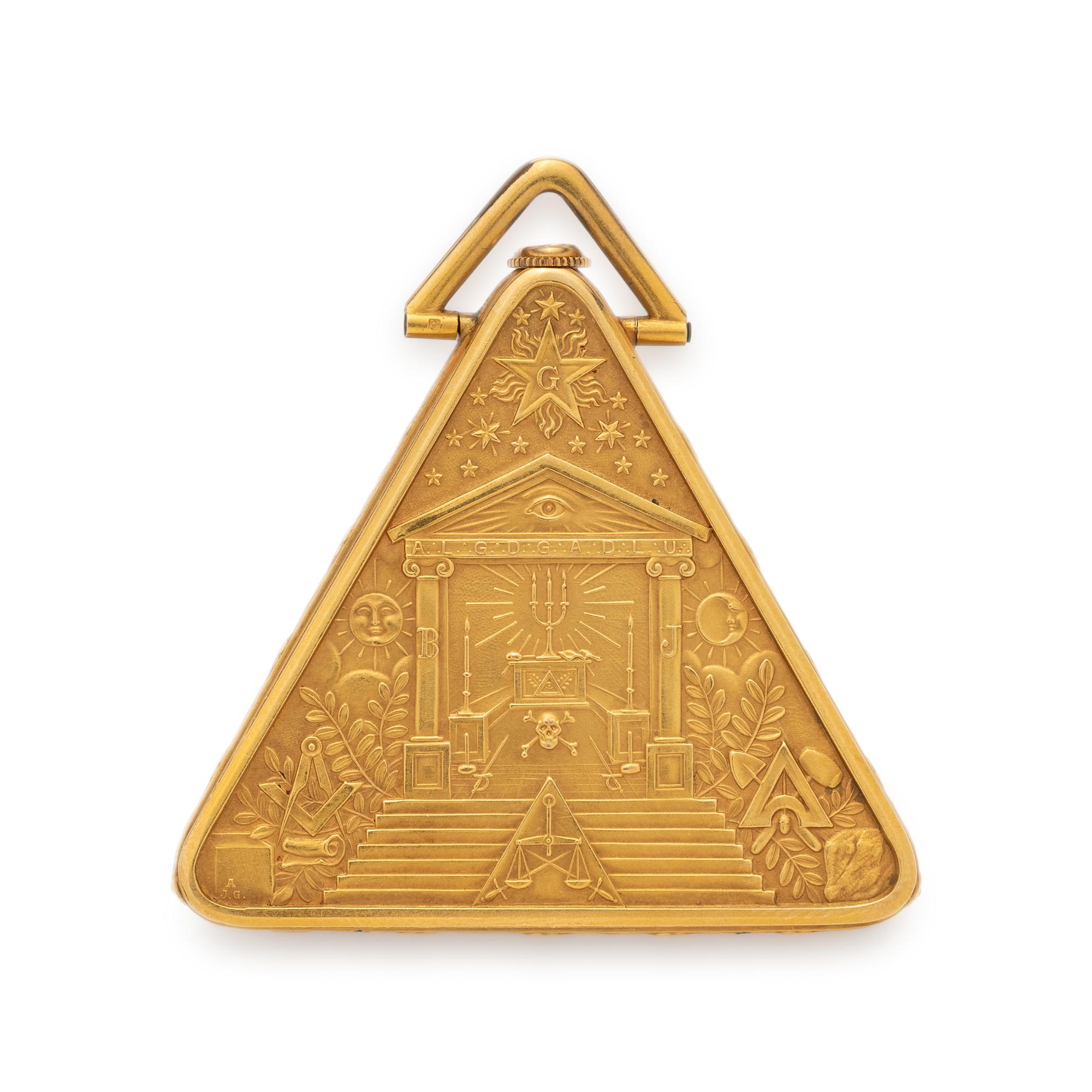 YELLOW GOLD MASONIC OPEN FACE POCKET WATCH AND FOB