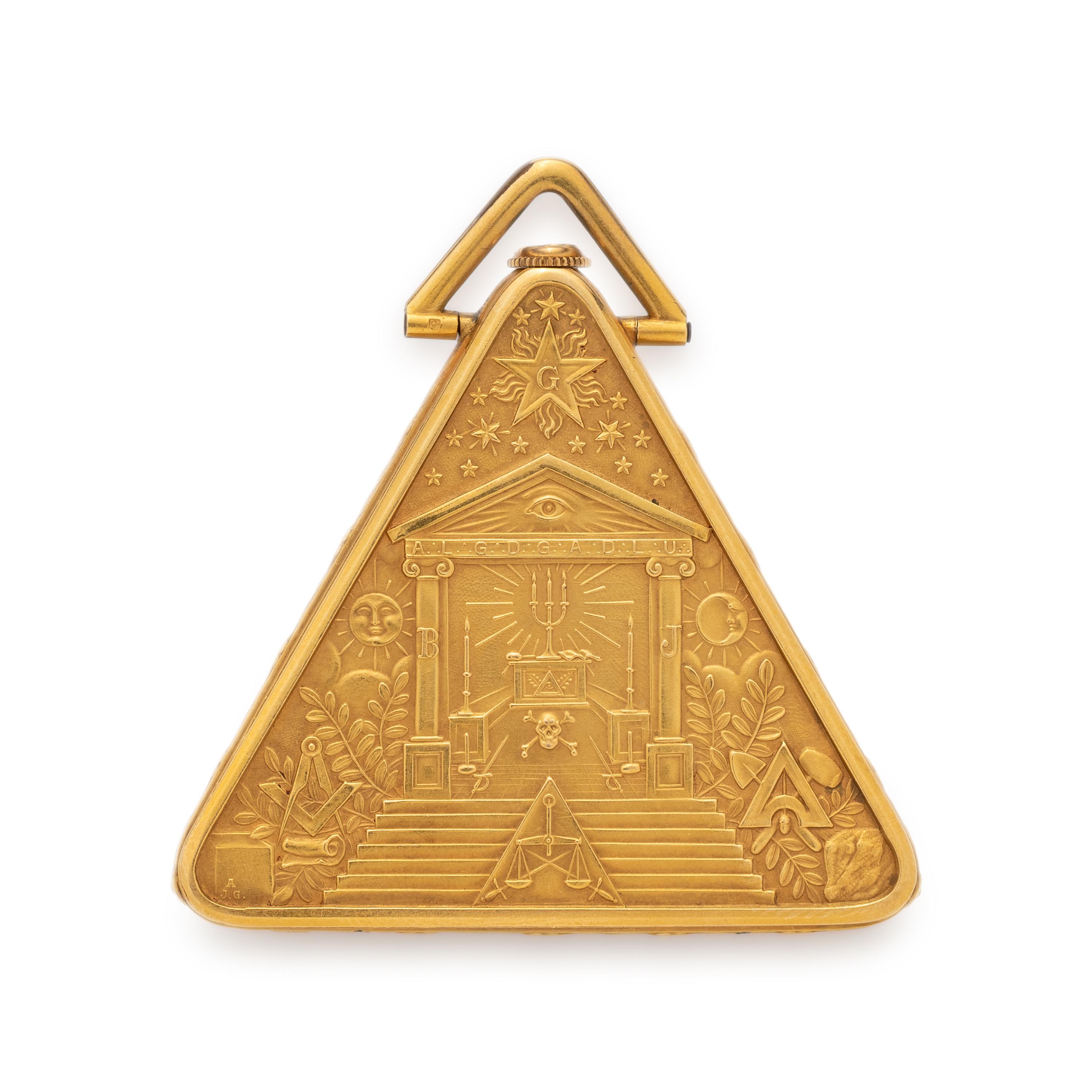 YELLOW GOLD MASONIC OPEN FACE POCKET WATCH AND FOB