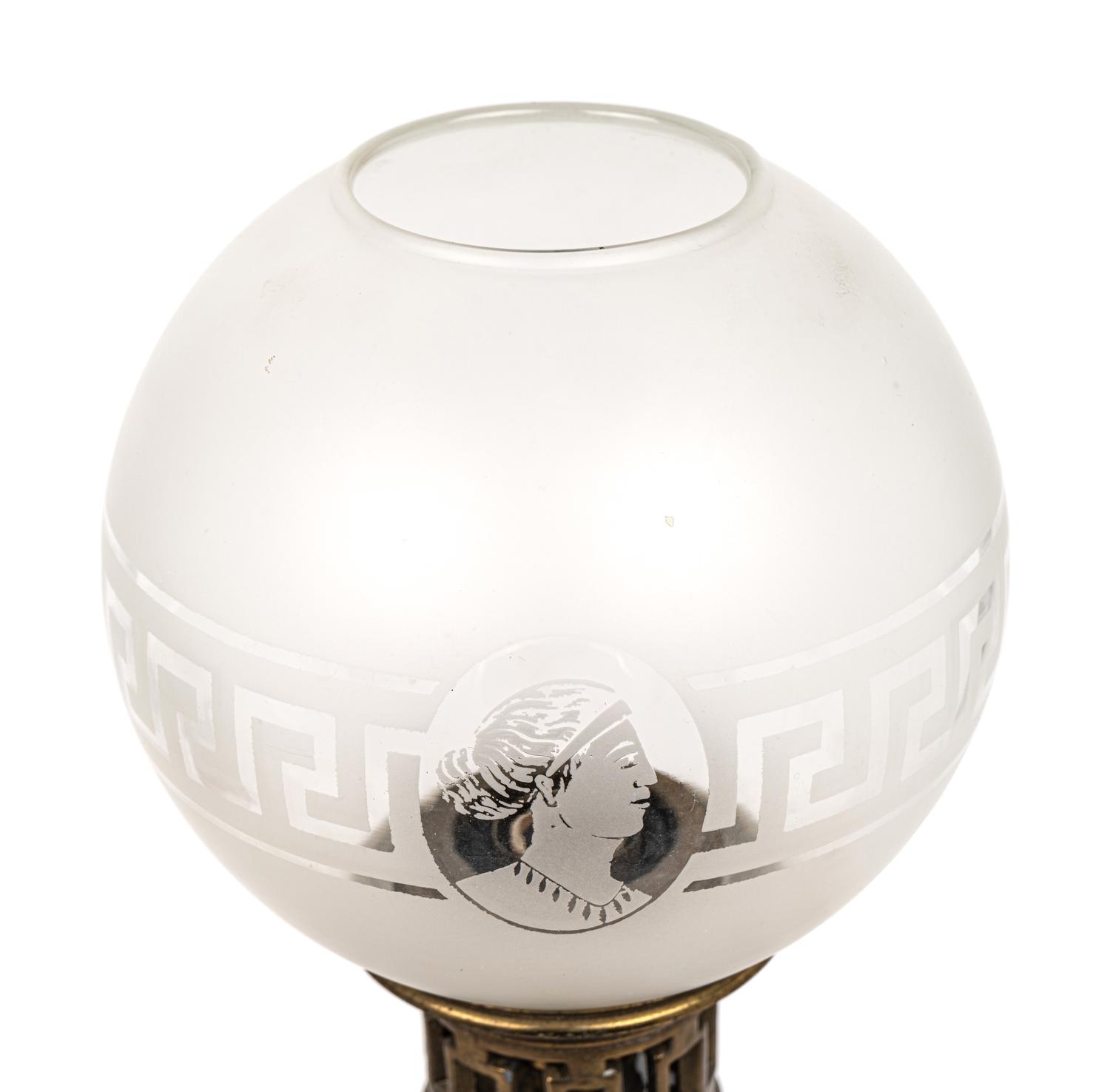 A Pair of French Opaline Glass Fluid Lamps with Etched Glass Shades Converted to Electricity