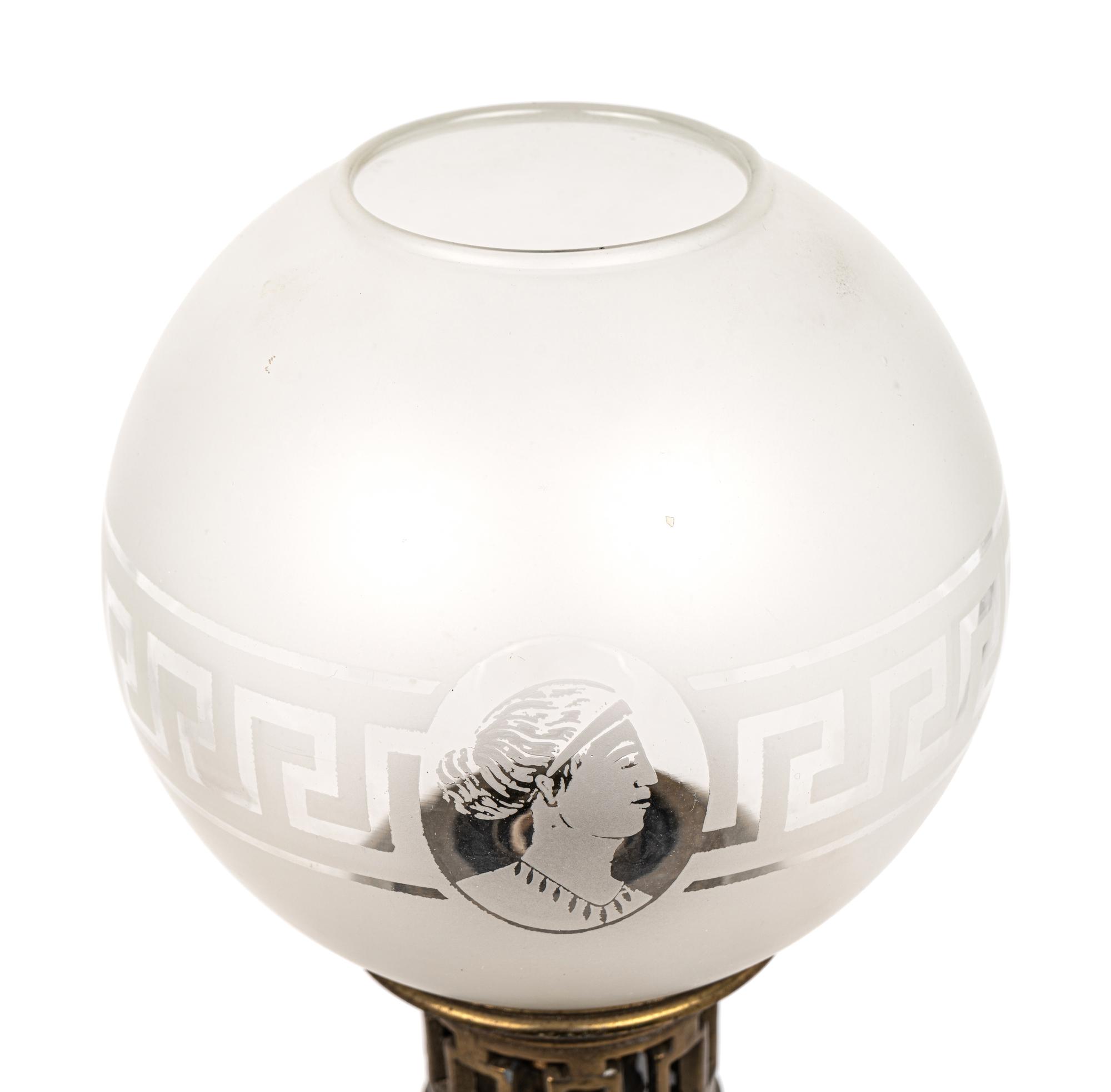 A Pair of French Opaline Glass Fluid Lamps with Etched Glass Shades Converted to Electricity