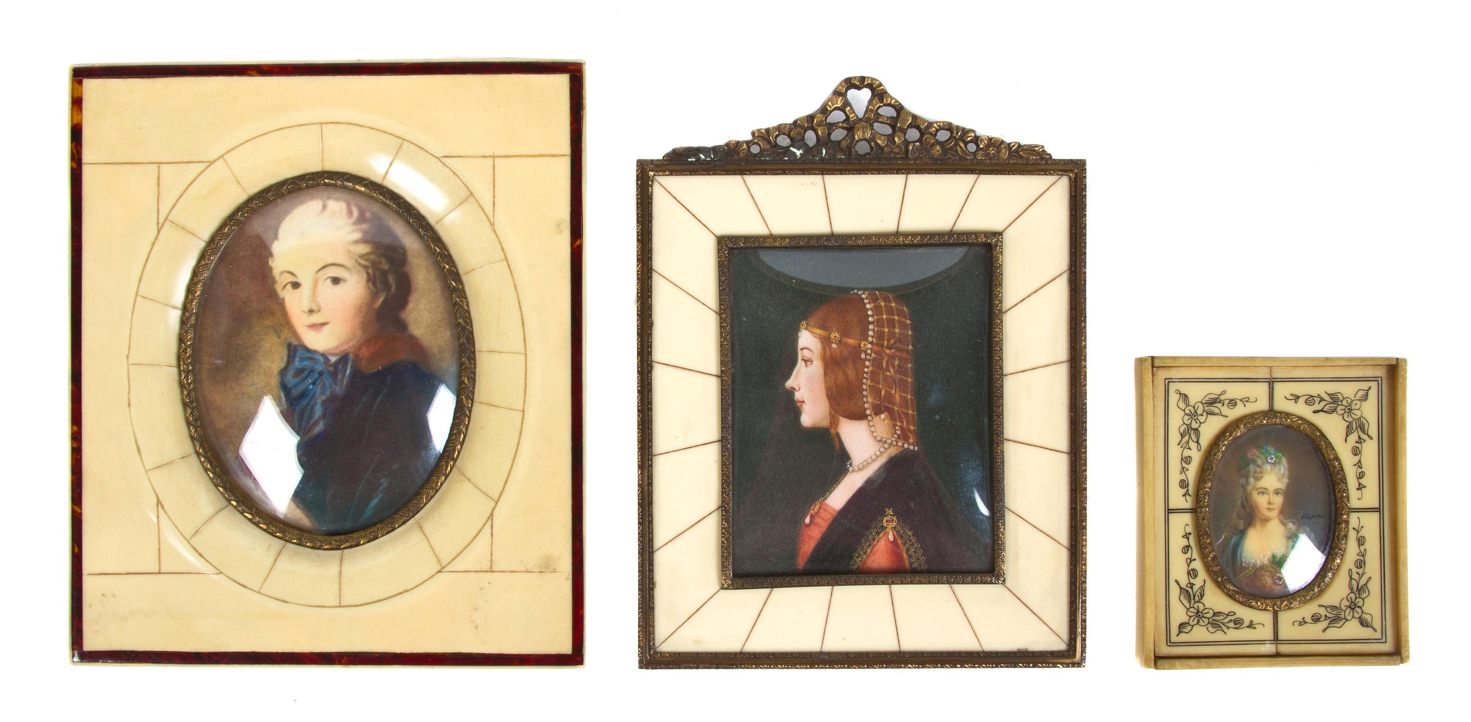 Three Continental Portrait Miniatures, Height of largest 5 3/8 x width 4 5/8 inches.