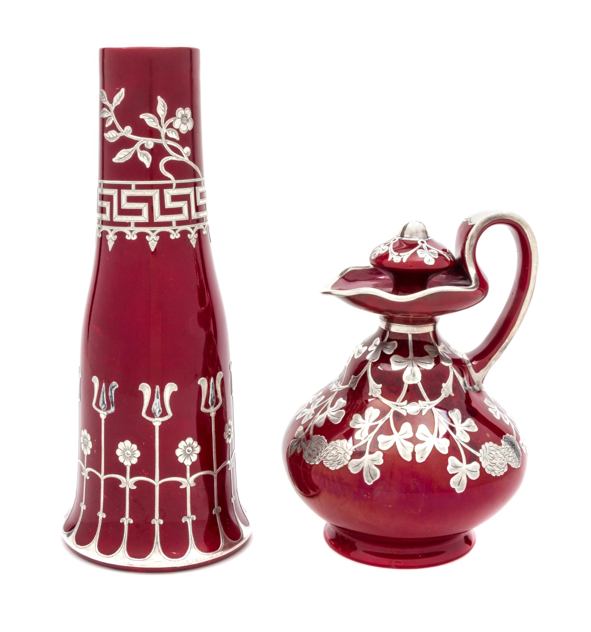 Two Royal Doulton Flambe Silver Overlay Articles Height of first 10 7/8 inches.