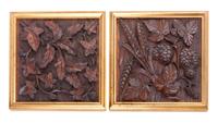 A Set of Four Carved Oak Panels Each: 7 1/2 x 7 1/2 inches.
