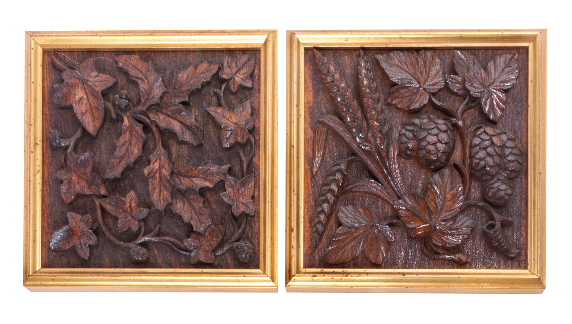 A Set of Four Carved Oak Panels Each: 7 1/2 x 7 1/2 inches.
